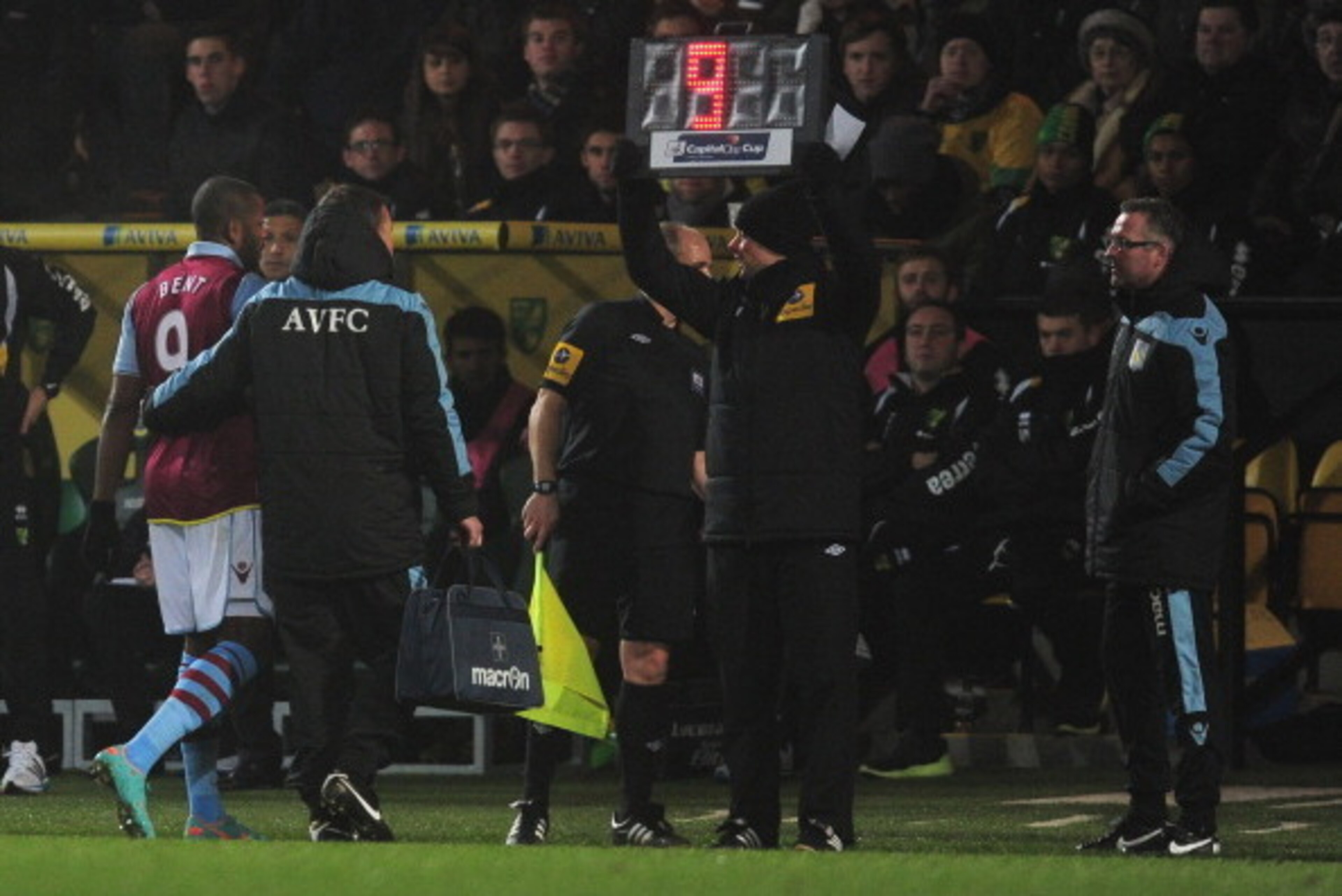 NORWICH, ENGLAND - DECEMBER 11:  Paul Lambert of Aston Villa looks on as Darren Bent leaves the pitch during the Capital One Cup Quarter-Final match between Norwich City and Aston Villa at Carrow Road on December 11, 2012 in Norwich, England.  (Photo by J