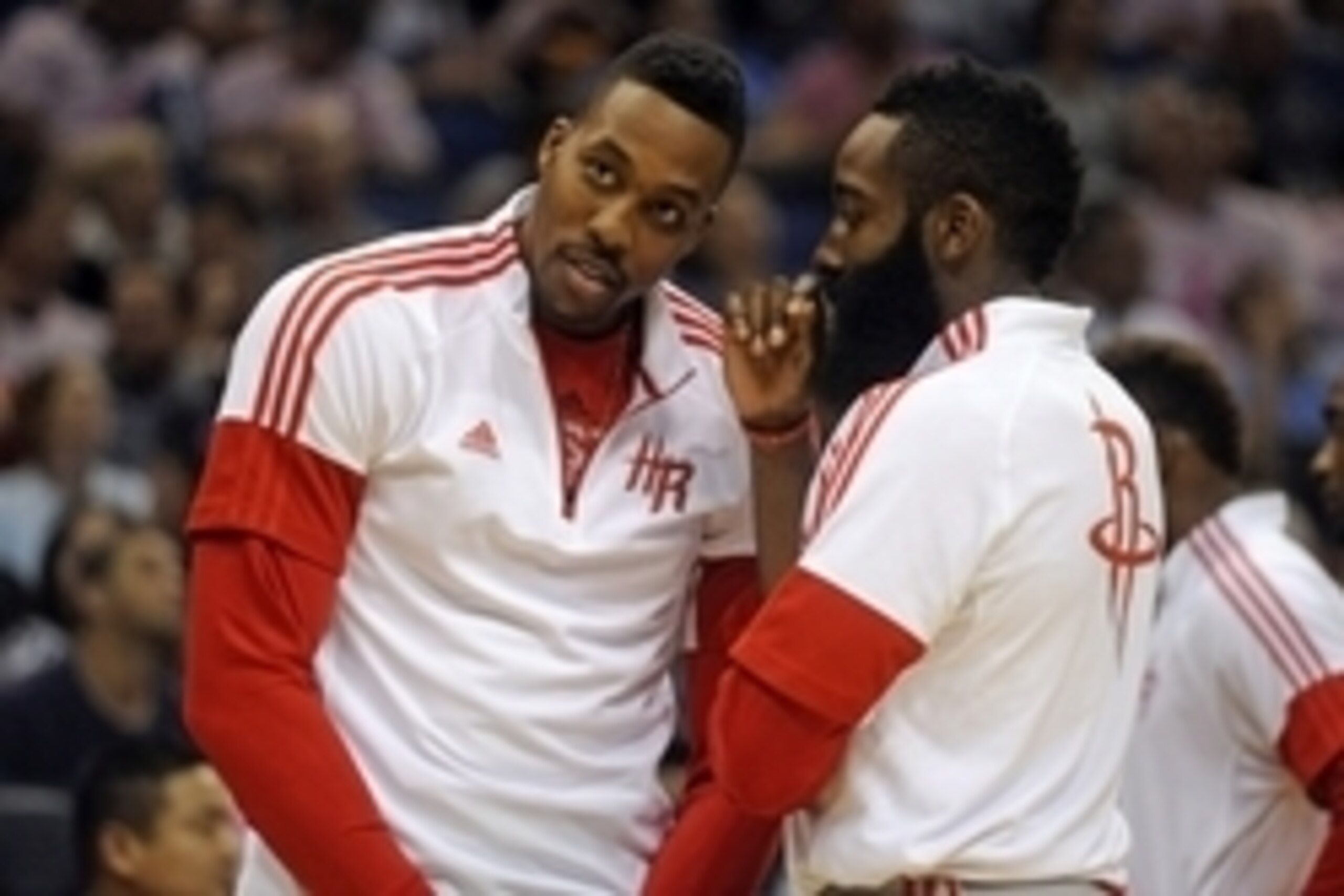 Oct 22, 2014; Orlando, FL, USA; Houston Rockets center Dwight Howard, left, talks with guard James Harden during a timeout as the Rockets beat the Orlando Magic 90-89 at Amway Center. Mandatory Credit: David Manning-USA TODAY Sports