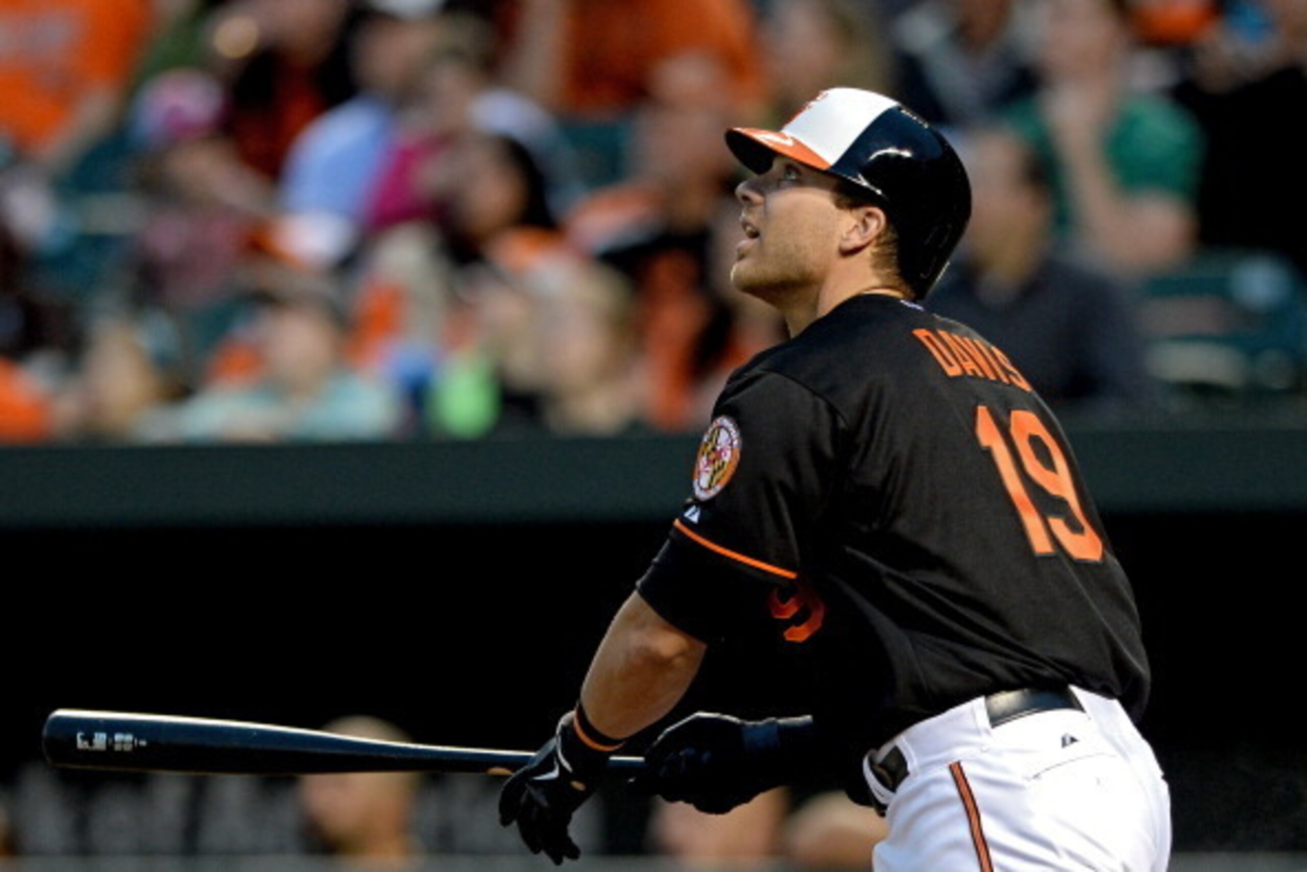 BALTIMORE, MD - APRIL 11: Chris Davis #19 of the Baltimore Orioles reacts as he hits a pop fly for an out against the Toronto Blue Jays in the first inning at Oriole Park at Camden Yards on April 11, 2014 in Baltimore, Maryland. (Photo by Patrick Smith/Ge