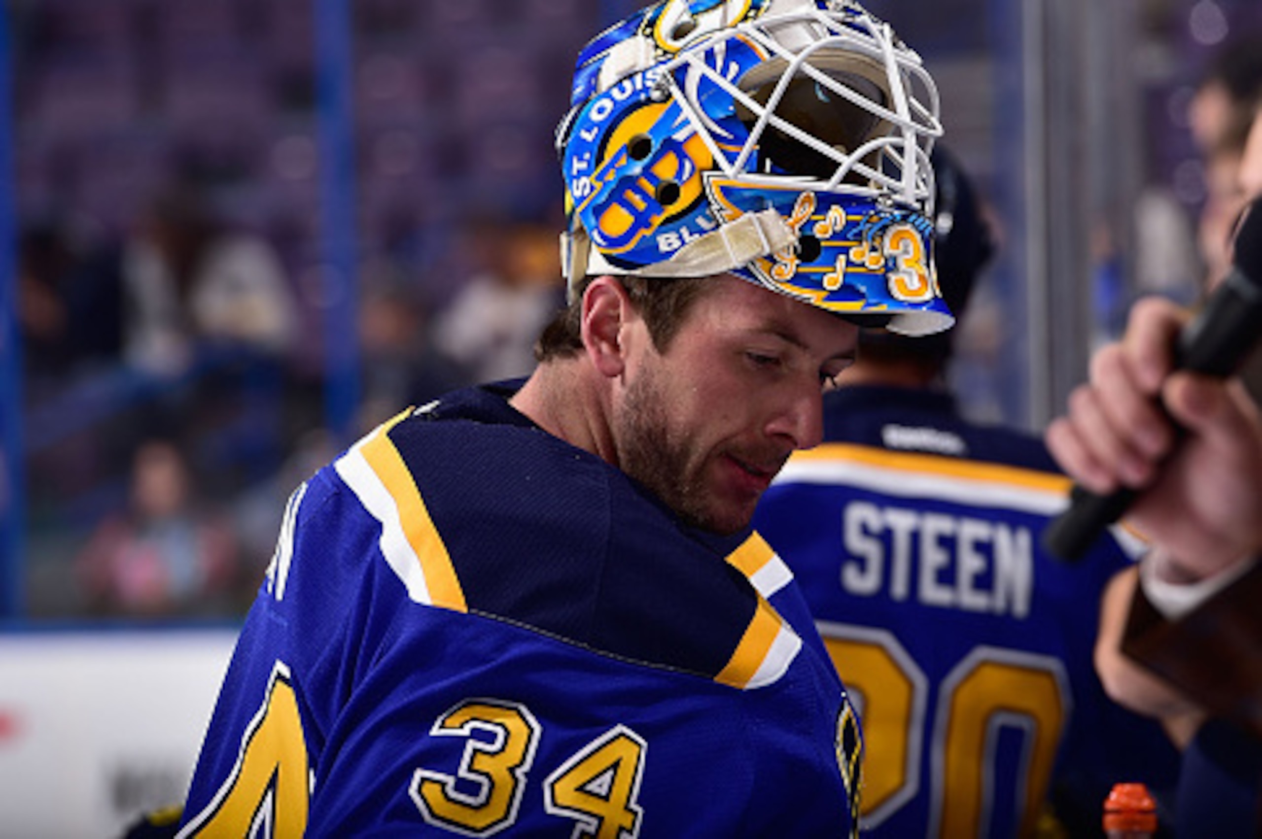 ST. LOUIS, MO - NOVEMBER 13:  Jake Allen #34 of the St. Louis Blues during warm-ups against the Nashville Predators on November 13, 2014 at Scottrade Center in St. Louis, Missouri. (Photo by Scott Rovak/NHLI via Getty Images)
