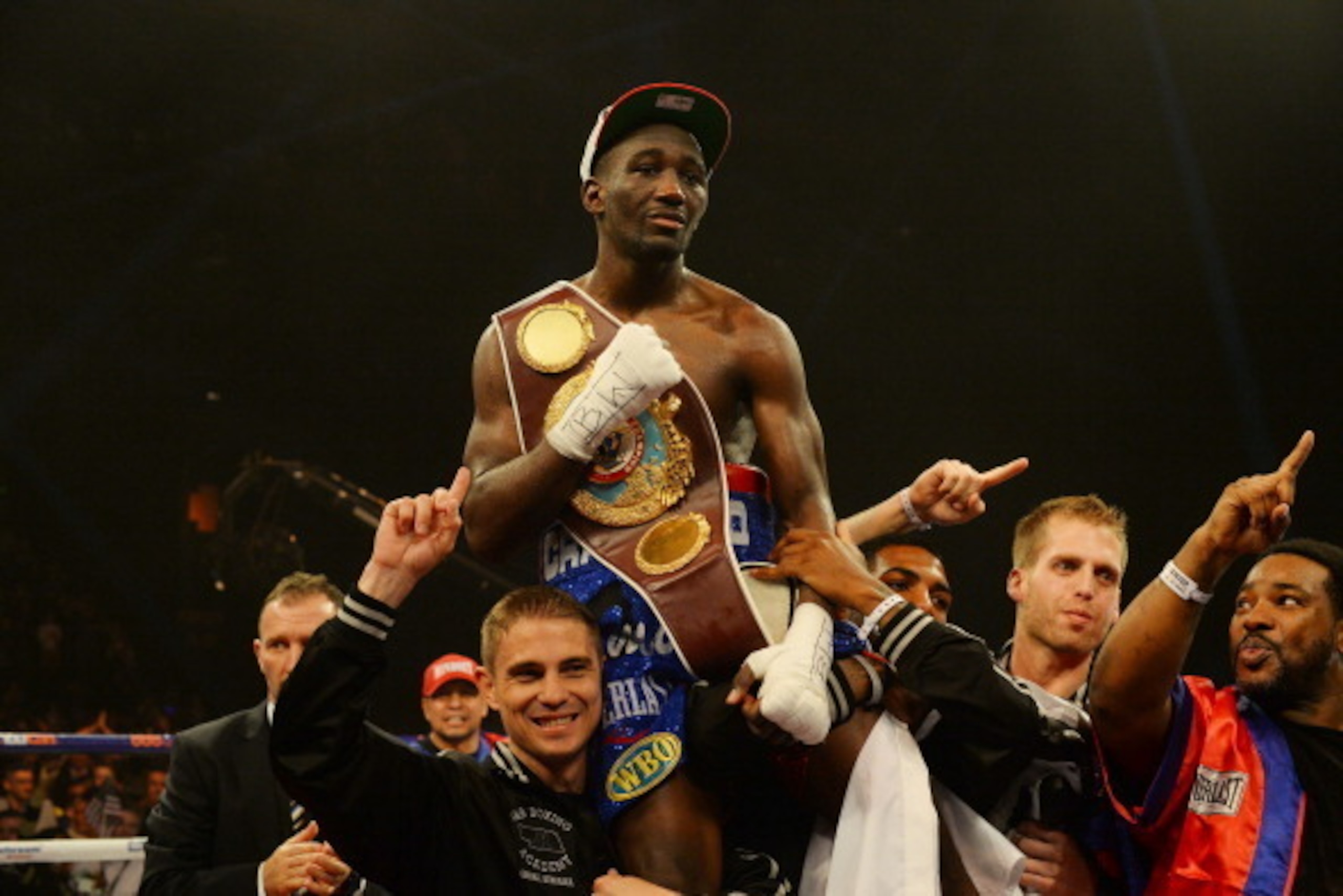 GLASGOW, SCOTLAND - MARCH 1 :  Terence Crawford celebrates his victory over Rick Burns during the WBO World Lightweight Championship Boxing match at the Glasgow SECC on March 1 2014 in Glasgow, Scotland. (Photo by Mark Runnacles/Getty Images)