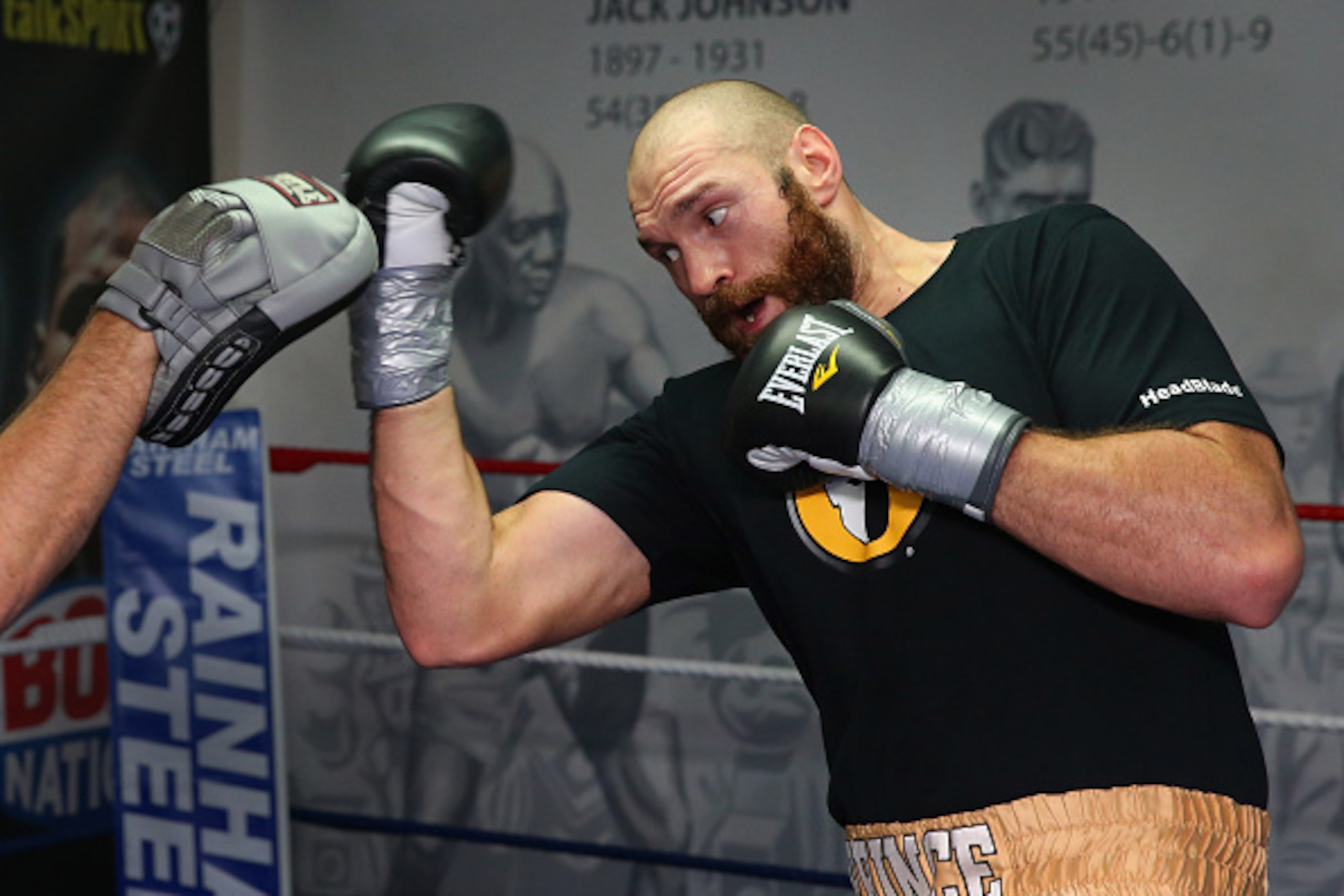 BOLTON, ENGLAND - NOVEMBER 06:  Tyson Fury in action during a training session at Team Fury Gym ahead of his fight with Dereck Chisora on November 6, 2014 in Bolton, England.  (Photo by Alex Livesey/Getty Images)