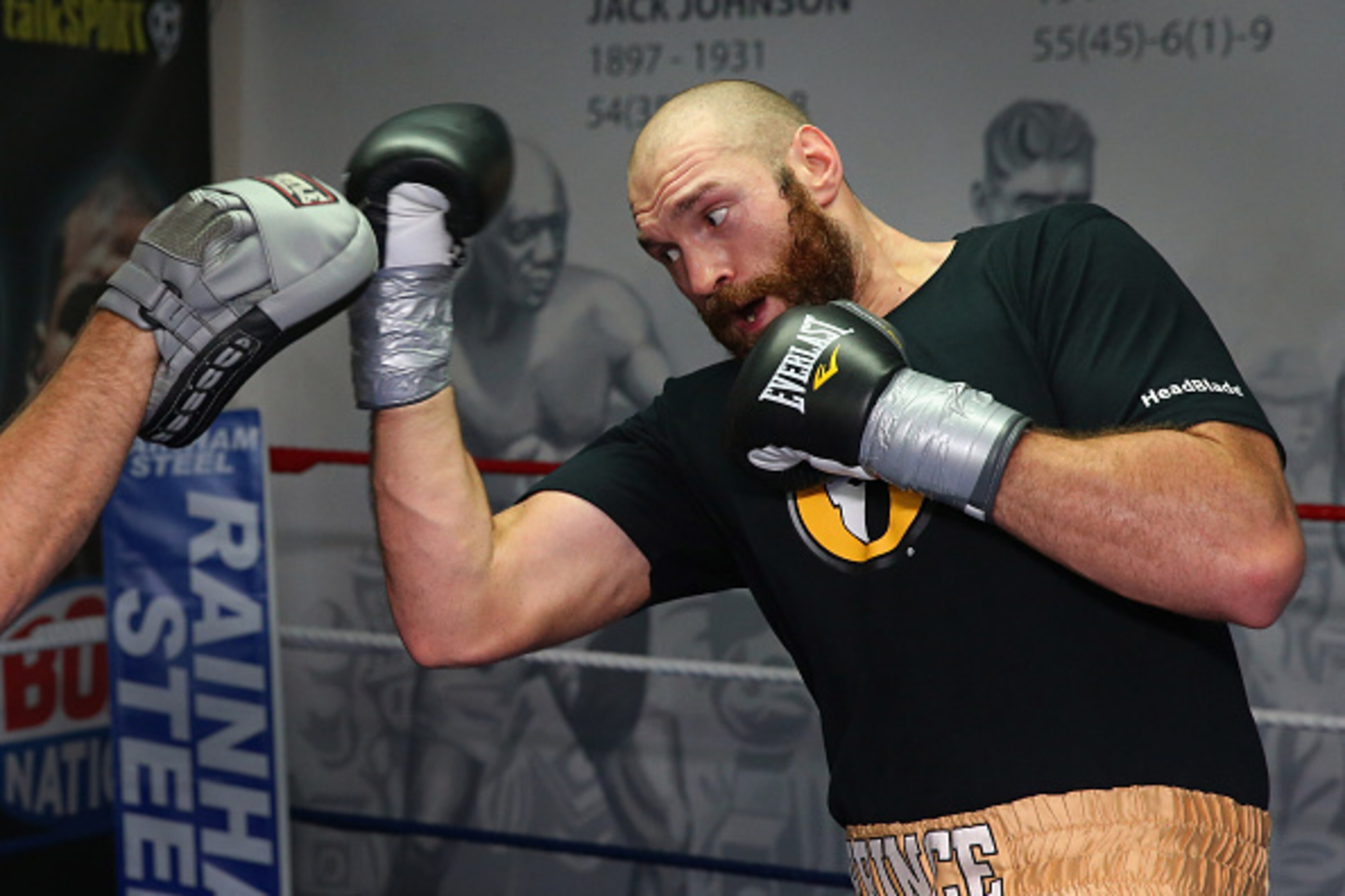 BOLTON, ENGLAND - NOVEMBER 06:  Tyson Fury in action during a training session at Team Fury Gym ahead of his fight with Dereck Chisora on November 6, 2014 in Bolton, England.  (Photo by Alex Livesey/Getty Images)