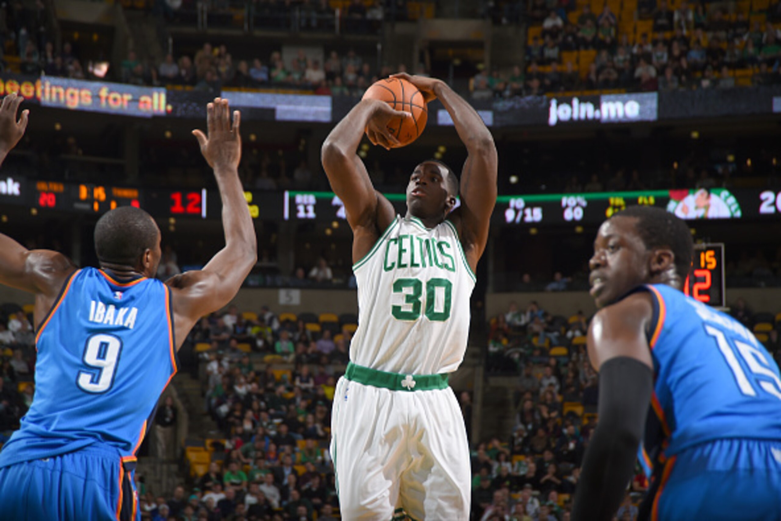 BOSTON, MA - NOVEMBER 12:  Brandon Bass #30 of the Boston Celtics shoots the ball against the Oklahoma City Thunder during the game on November 12, 2014 at the TD Garden in Boston, Massachusetts. NOTE TO USER: User expressly acknowledges and agrees that, 