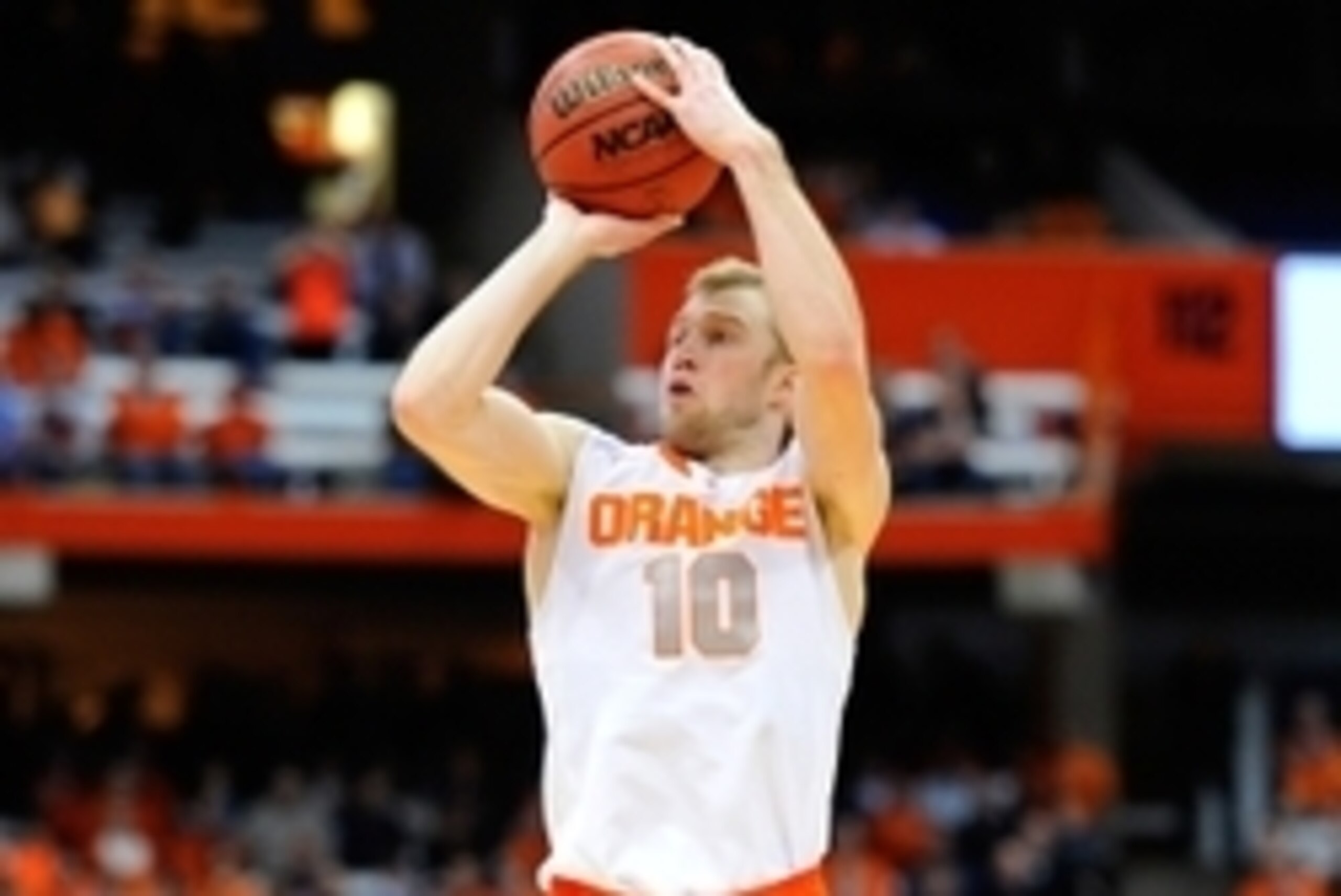 Nov 16, 2014; Syracuse, NY, USA; Syracuse Orange guard Trevor Cooney (10) takes a shot against the Hampton Pirates during the second half at the Carrier Dome.  Syracuse defeated Hampton 65-47.  Mandatory Credit: Rich Barnes-USA TODAY Sports