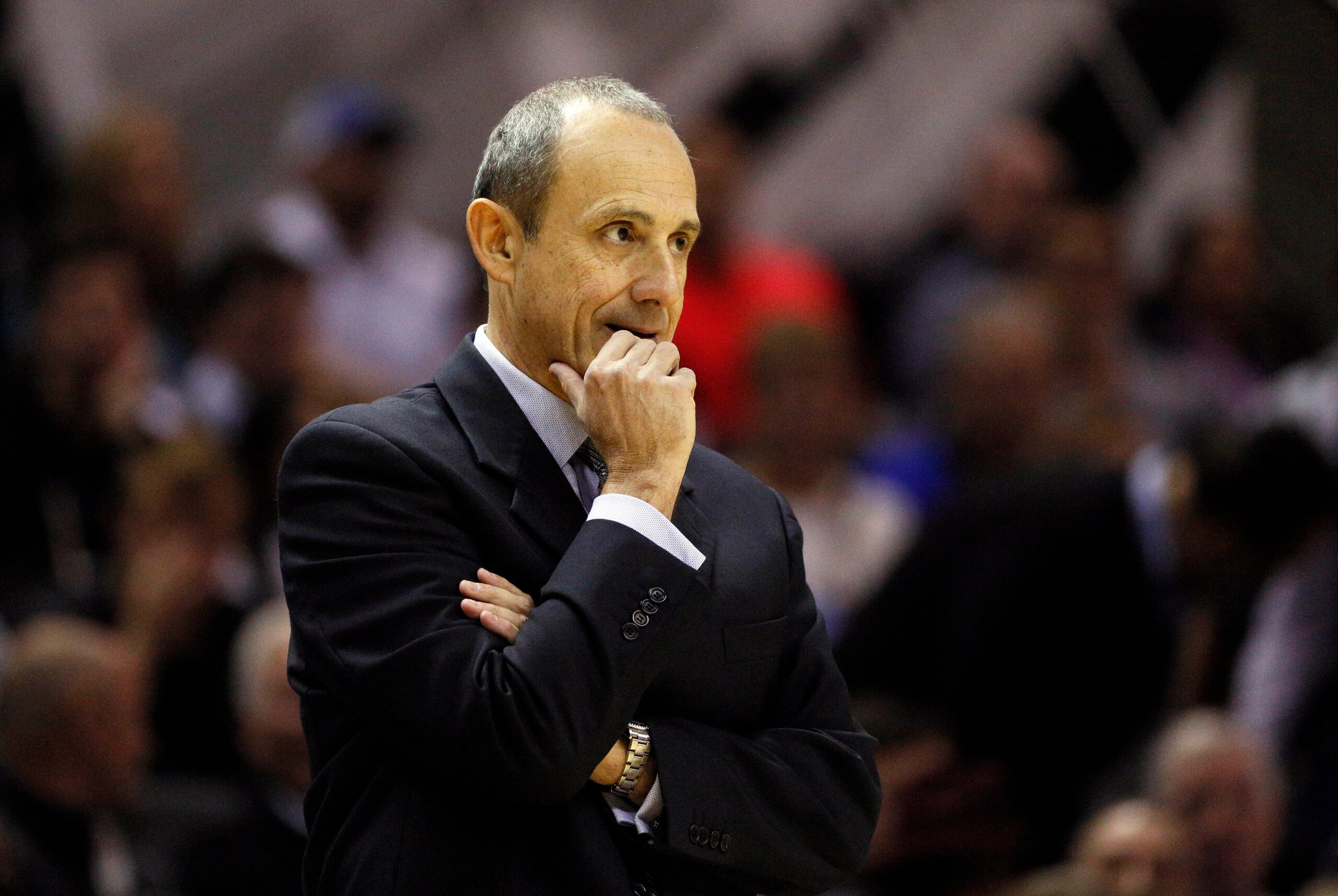 Nov 26, 2014; San Antonio, TX, USA; San Antonio Spurs assistant coach Ettore Messina watches from the sideline against the Indiana Pacers during the first half at AT&T Center. Mandatory Credit: Soobum Im-USA TODAY Sports