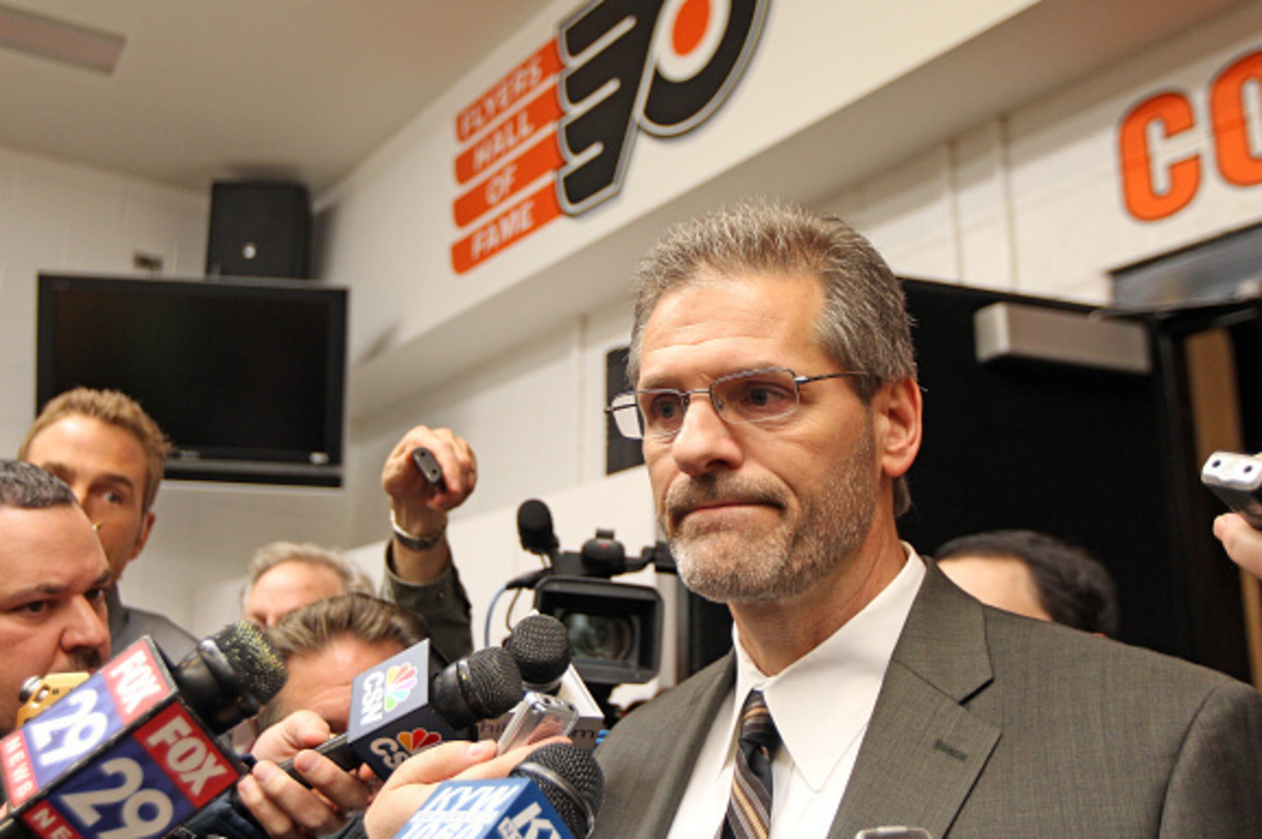 PHILADELPHIA, PA - NOVEMBER 04:  Philadelphia Flyers General Manager Ron Hextall speaks to the media after his team defeated the Edmonton Oilers 4-1 on November 4, 2014 at the Wells Fargo Center in Philadelphia, Pennsylvania.  (Photo by Len Redkoles/NHLI 