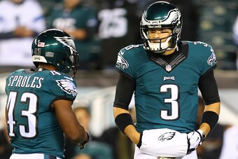 PHILADELPHIA, PA - NOVEMBER 10: Mark Sanchez #3 and Darren Sproles #43 of the Philadelphia Eagles talk to each other prior to the game against the Carolina Panthers on November 10, 2014 at Lincoln Financial Field in Philadelphia, Pennsylvania. (Photo by E