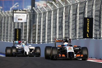 SOCHI, RUSSIA - OCTOBER 12:  Sergio Perez of Mexico and Force India and Felipe Massa of Brazil and Williams drive during the Russian Formula One Grand Prix at Sochi Autodrom on October 12, 2014 in Sochi, Russia.  (Photo by Clive Mason/Getty Images)