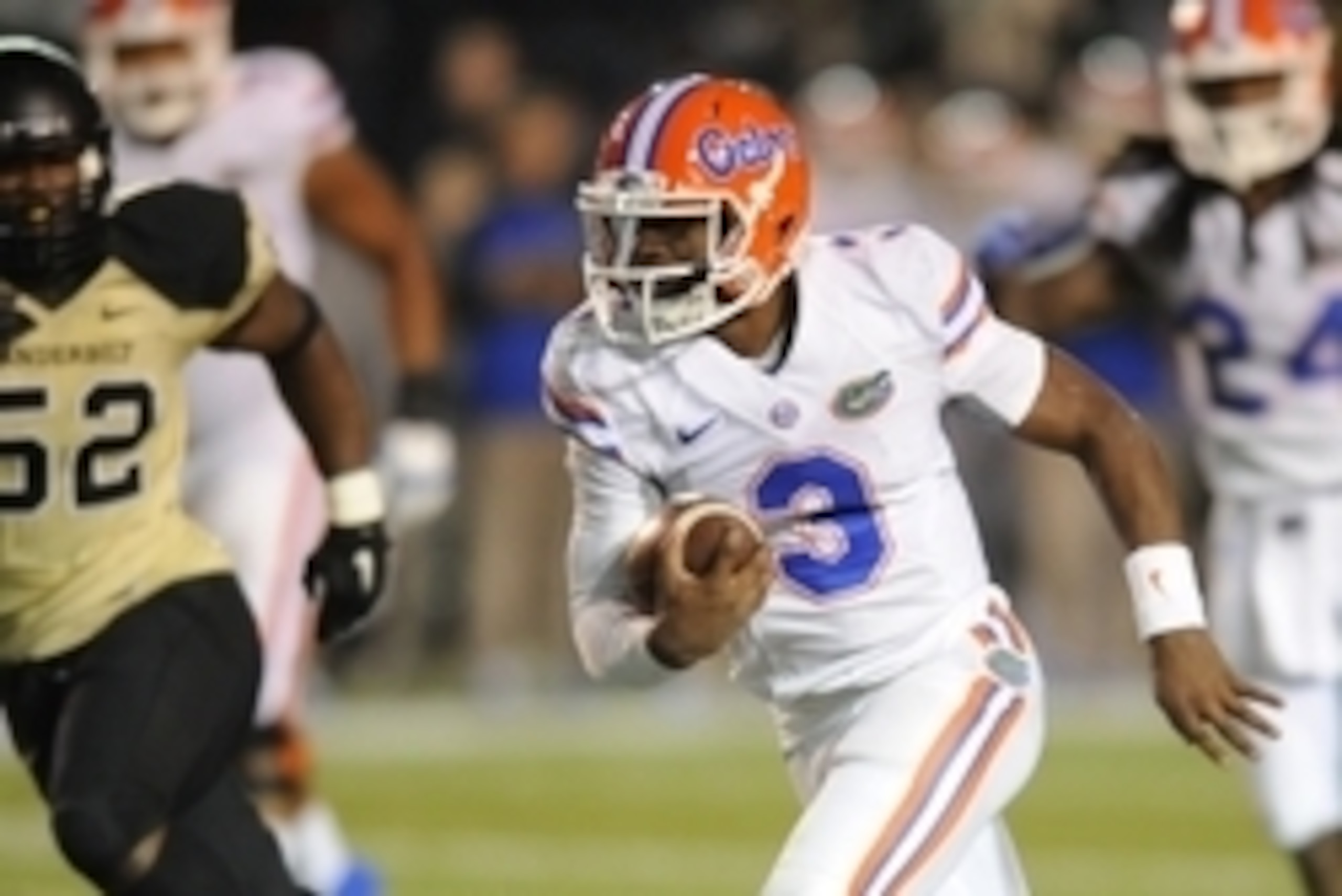Nov 8, 2014; Nashville, TN, USA; Florida Gators quarterback Treon Harris (3) runs for a touchdown during the second half against the Vanderbilt Commodores at Vanderbilt Stadium. The Gators won 34-10. Mandatory Credit: Christopher Hanewinckel-USA TODAY Spo