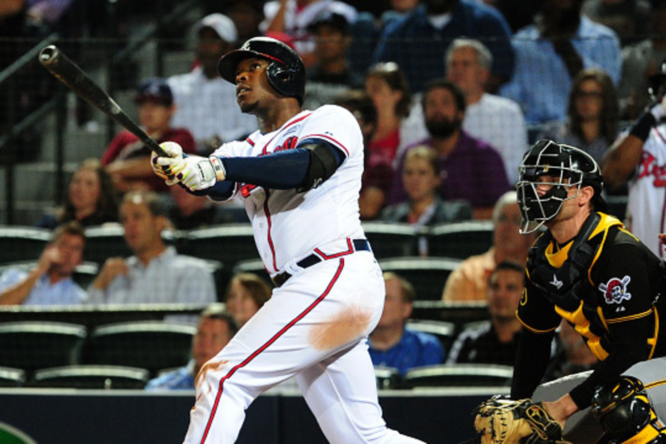 ATLANTA, GA - SEPTEMBER 24: Justin Upton #8 of the Atlanta Braves hits a fourth inning two-run home run against the Pittsburgh Pirates at Turner Field on September 24, 2014 in Atlanta, Georgia. (Photo by Scott Cunningham/Getty Images)