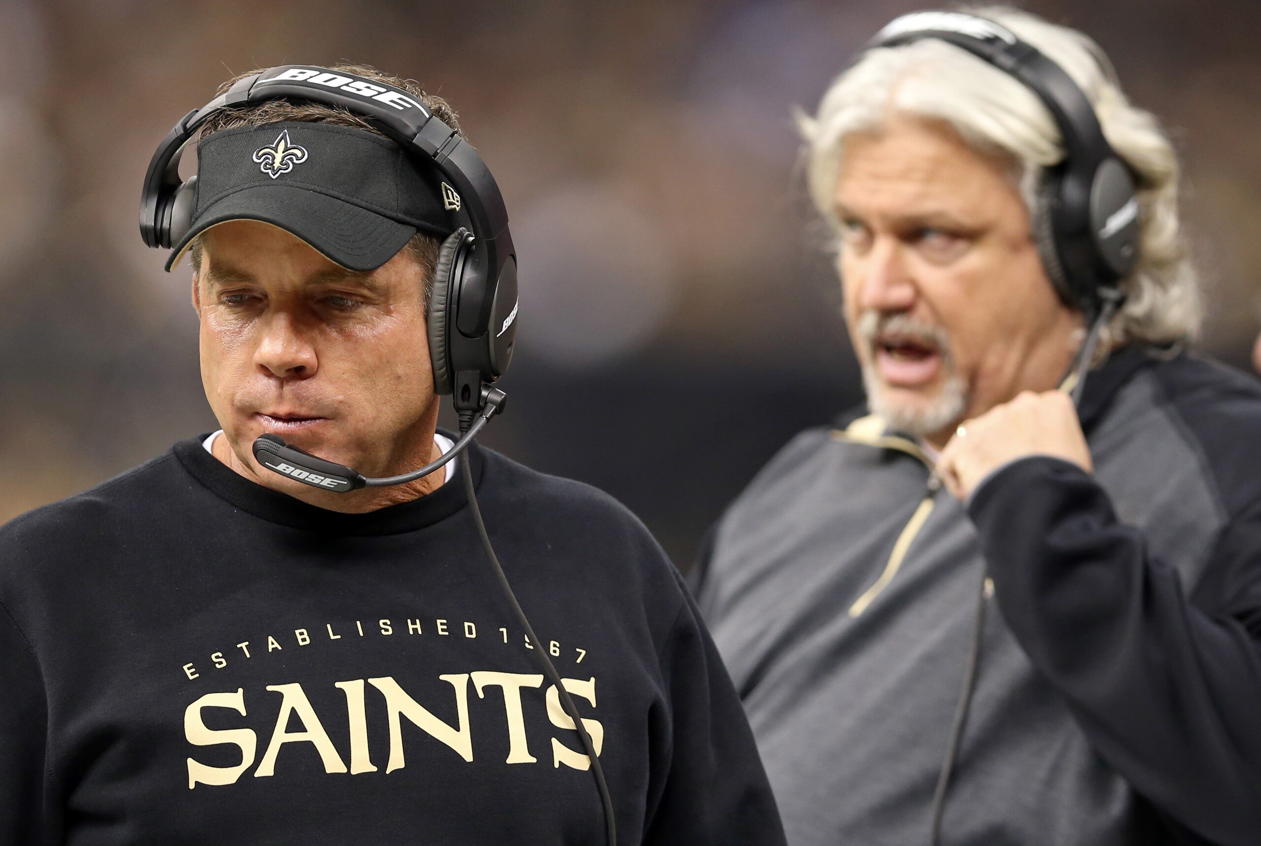 Nov 24, 2014; New Orleans, LA, USA; New Orleans Saints head coach Sean Payton and defensive coordinator Rob Ryan on the sidelines in the second quarter of their game against the Baltimore Ravens at the Mercedes-Benz Superdome. Mandatory Credit: Chuck Cook