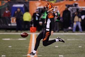 Nov 6, 2014; Cincinnati, OH, USA; Cincinnati Bengals punter Kevin Huber (10) against the Cleveland Browns at Paul Brown Stadium. The Browns won 24-3. Mandatory Credit: Aaron Doster-USA TODAY Sports