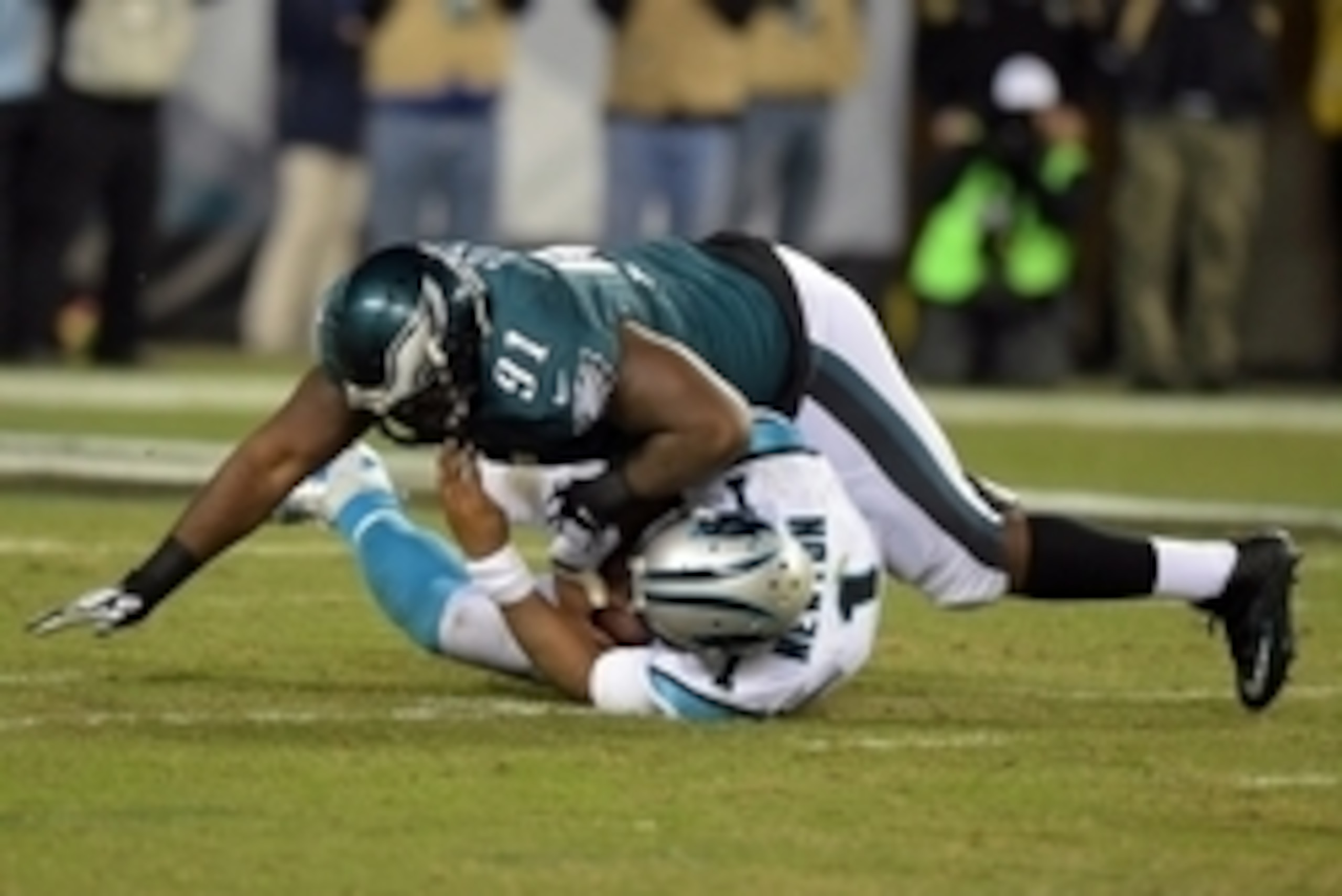 Nov 10, 2014; Philadelphia, PA, USA; Philadelphia Eagles defensive end Fletcher Cox (91) sacks Carolina Panthers quarterback Cam Newton (1) at Lincoln Financial Field. Mandatory Credit: Kirby Lee-USA TODAY Sports