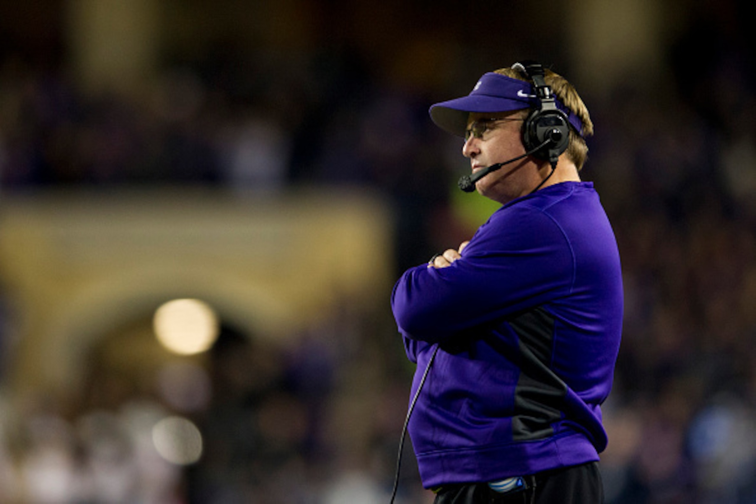FORT WORTH, TX - NOVEMBER 8:  TCU Horned Frogs head coach Gary Patterson looks on against the Kansas State Wildcats during the 1st quarter on November 8, 2014 at Amon G. Carter Stadium in Fort Worth, Texas.  (Photo by Cooper Neill/Getty Images)