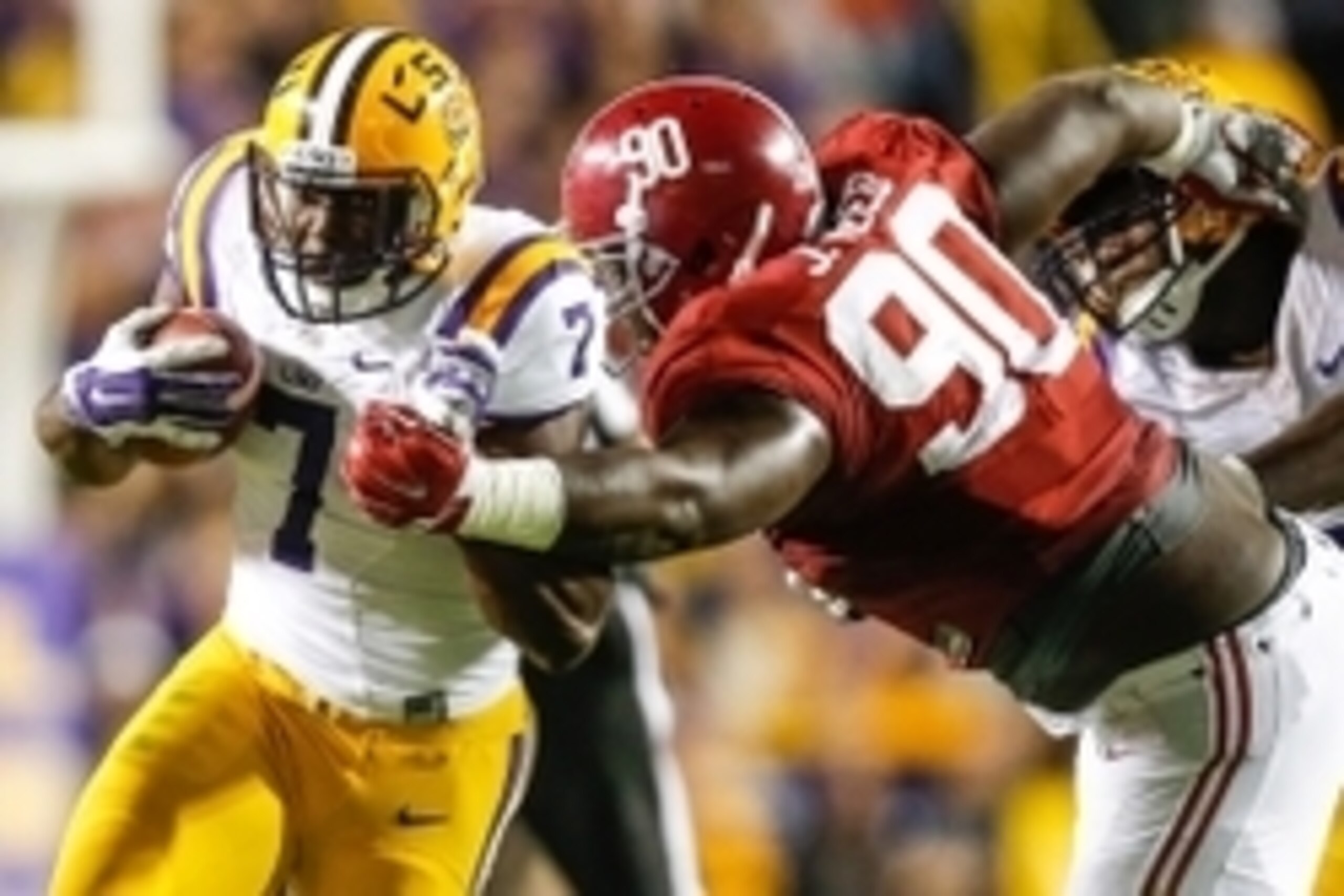Nov 8, 2014; Baton Rouge, LA, USA; LSU Tigers running back Leonard Fournette (7) is grabbed by Alabama Crimson Tide defensive lineman Jarran Reed (90) during the first quarter of a game at Tiger Stadium. Mandatory Credit: Derick E. Hingle-USA TODAY Sports Nov 8, 2014; Baton Rouge, LA, USA; LSU Tigers running back Leonard Fournette (7) is grabbed by Alabama Crimson Tide defensive lineman Jarran Reed (90) during the first quarter of a game at Tiger Stadium. Mandatory Credit: Derick E. Hingle-USA TODAY Sports