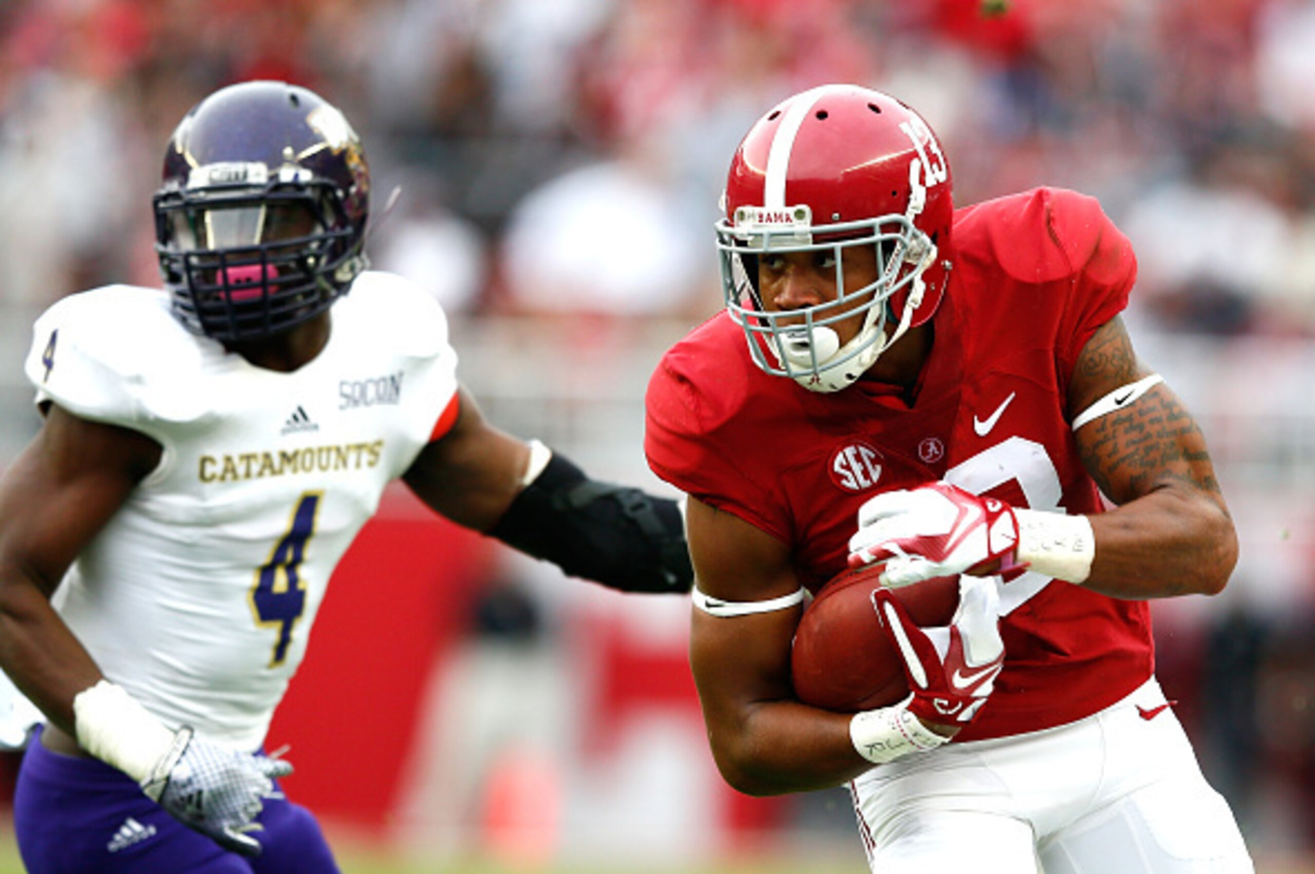 TUSCALOOSA, AL - NOVEMBER 22:  ArDarius Stewart #13 of the Alabama Crimson Tide rushes this reception against the Western Carolina Catamounts at Bryant-Denny Stadium on November 22, 2014 in Tuscaloosa, Alabama.  (Photo by Kevin C. Cox/Getty Images)
