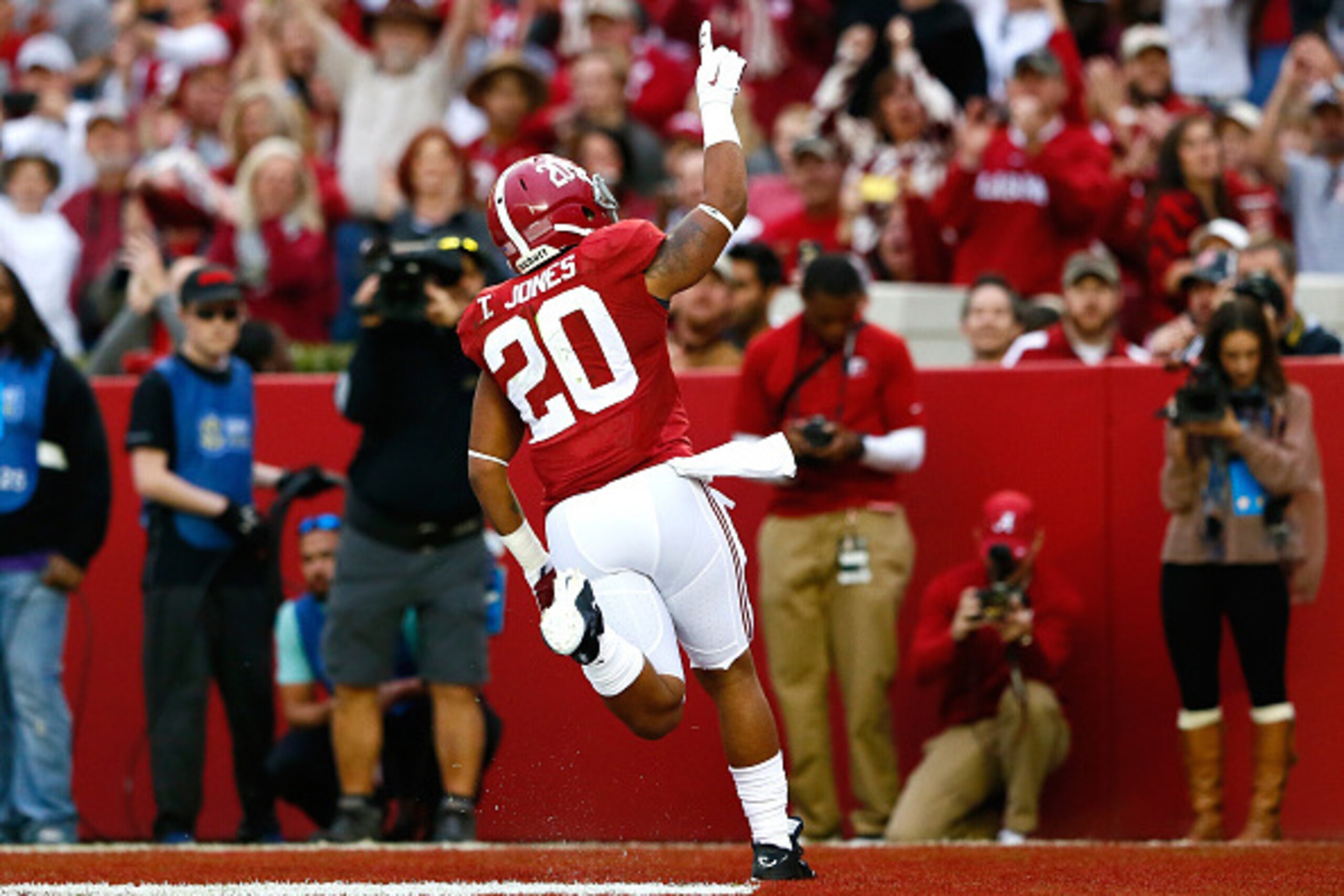 TUSCALOOSA, AL - NOVEMBER 22:  Tyren Jones #20 of the Alabama Crimson Tide reacts after scoring a touchdown against the Western Carolina Catamounts at Bryant-Denny Stadium on November 22, 2014 in Tuscaloosa, Alabama.  (Photo by Kevin C. Cox/Getty Images)