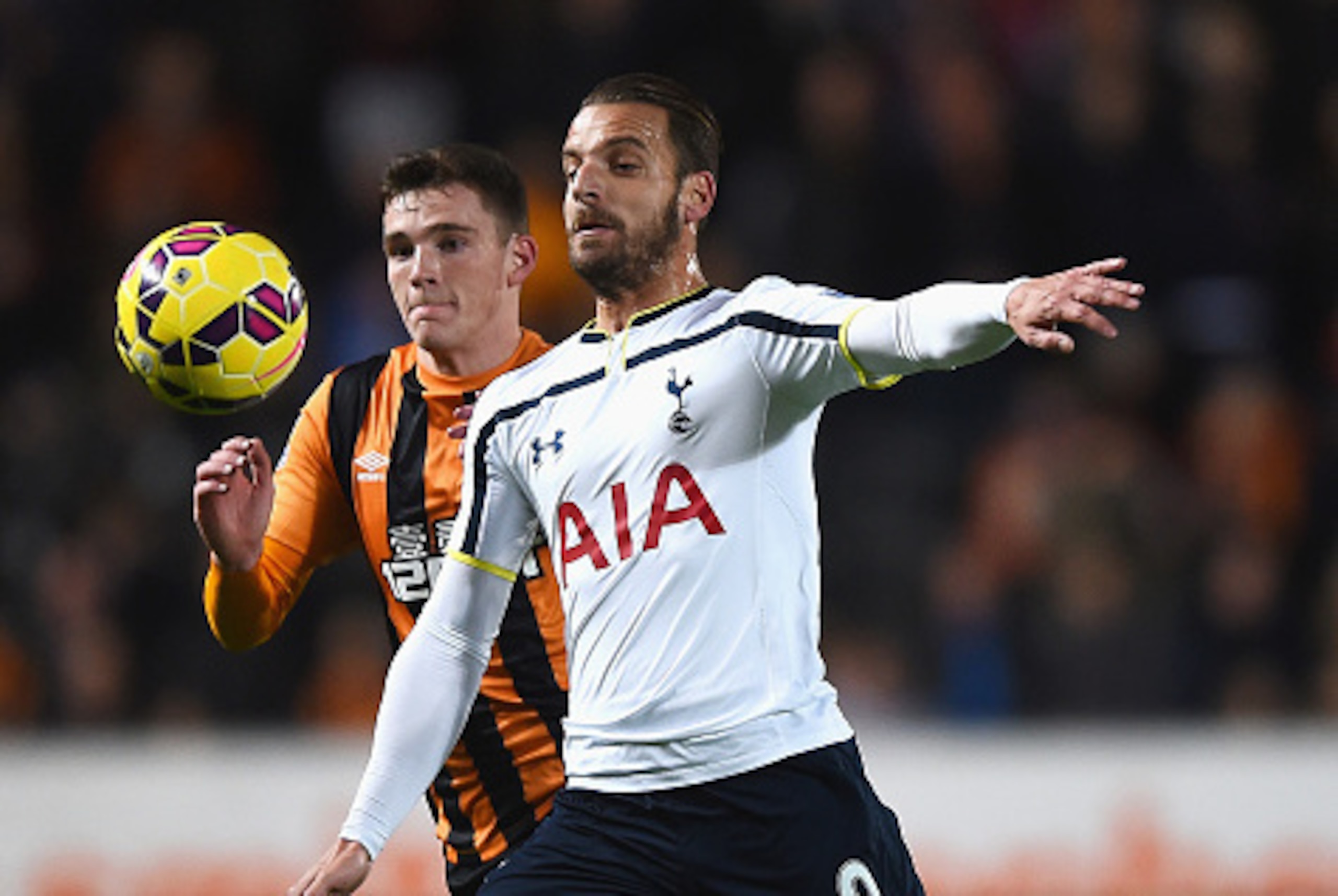 HULL, ENGLAND - NOVEMBER 23: Roberto Soldado of Tottenham Hotspur is closed down by Andrew Robertson of Hull City during the Barclays Premier League match between Hull City and Tottenham Hotspur at KC Stadium on November 23, 2014 in Hull, England.  (Photo