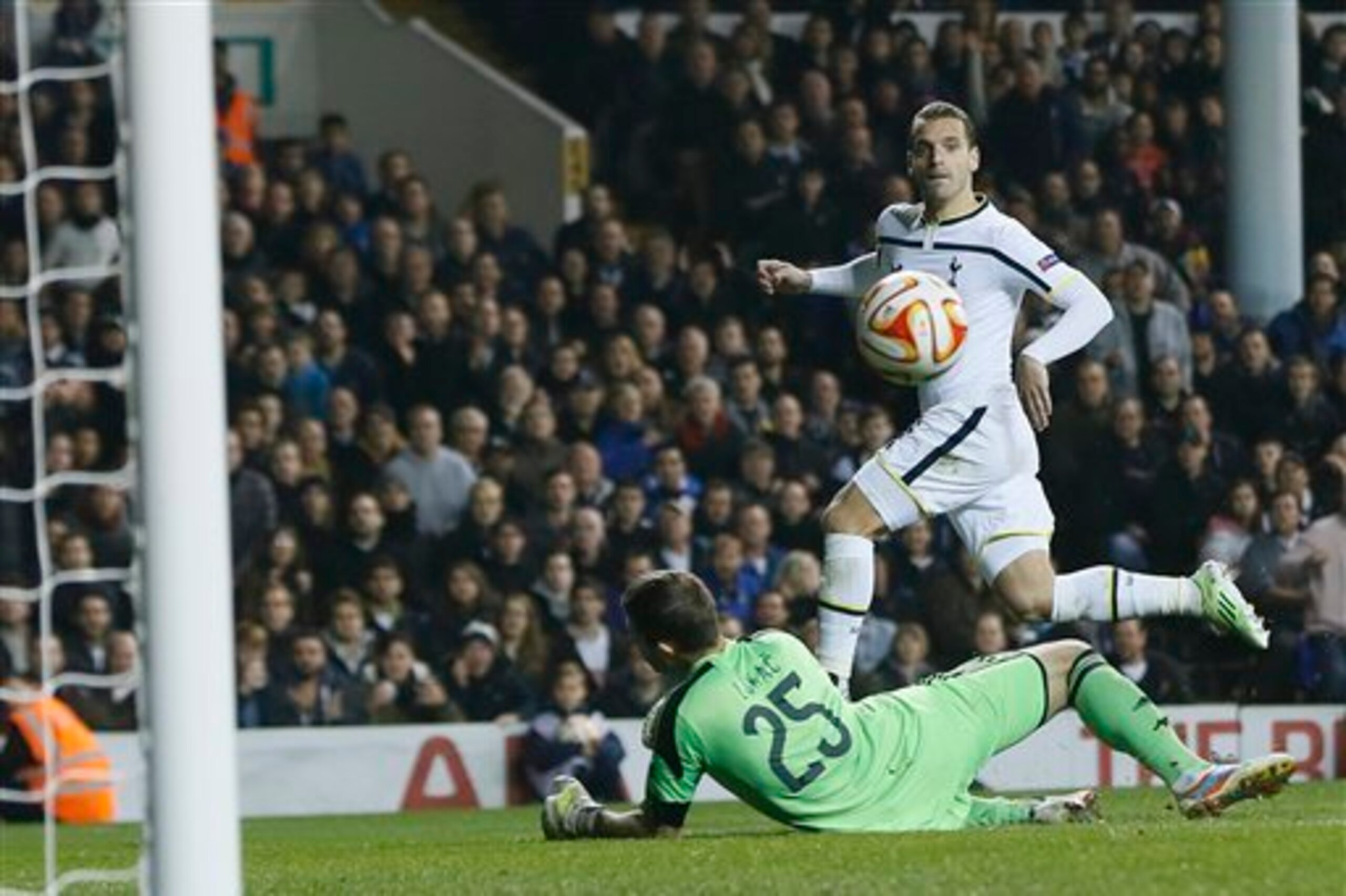 Soldado looks on just prior to his shot hitting the post and Benjamin Stambouli burying the rebound.