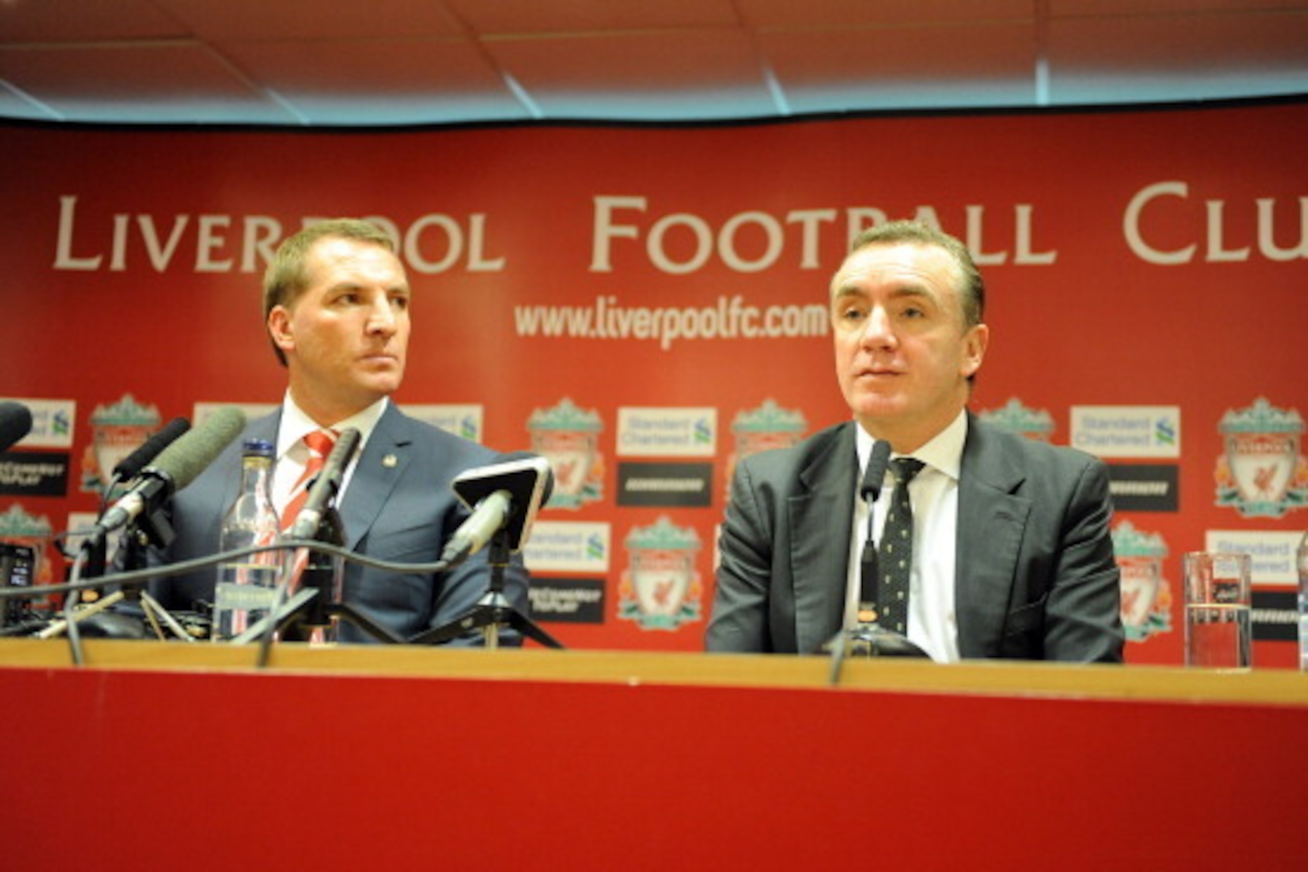 LIVERPOOL, UNITED KINGDOM - JUNE 01:  Brendan Rodgers (L) is unveiled as the new Liverpool FC manager by Ian Ayre (R) Managing Director of Liverpool FC at a press conference at Anfield on June 01, 2012 in Liverpool, England. (Photo by Clint Hughes/Getty I