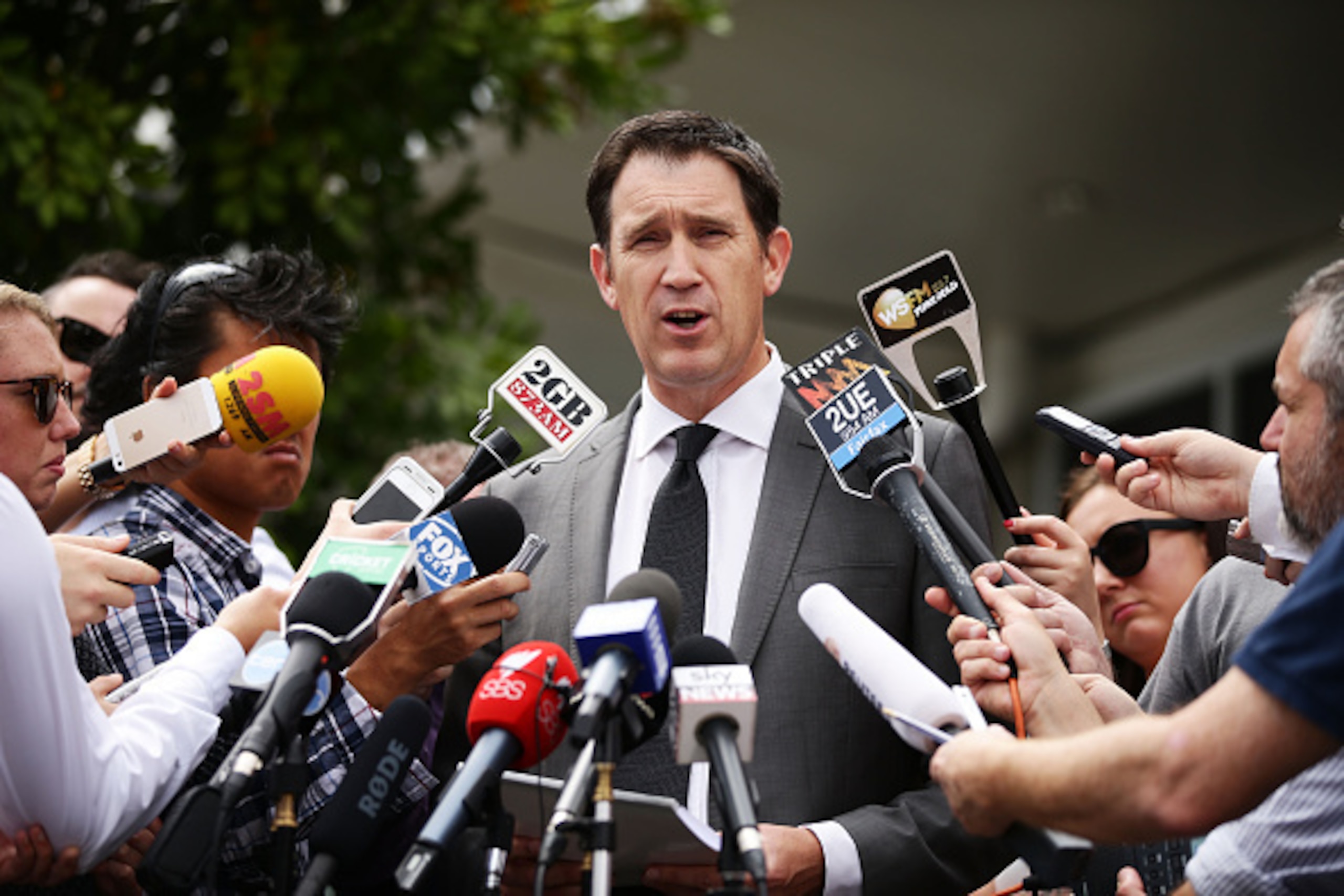 SYDNEY, AUSTRALIA - NOVEMBER 28:  Cricket Australia CEO James Sutherland speaks to the media during a Cricket Australia press conference at the Cricket NSW Offices on November 28, 2014 in Sydney, Australia. Cricket player, Phil Hughes passed away aged 25,