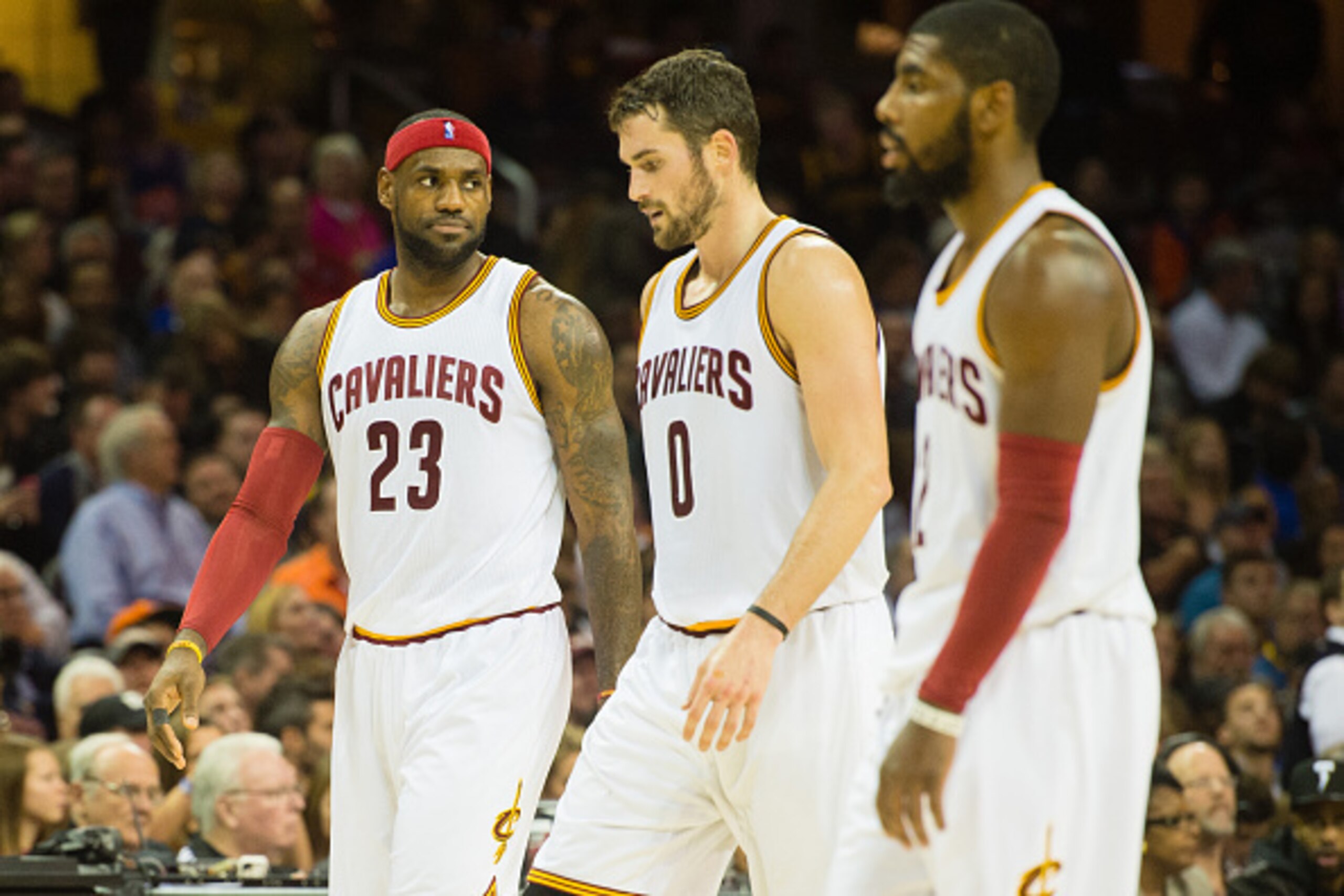 CLEVELAND, OH - NOVEMBER 22: LeBron James #23 Kevin Love #0 and Kyrie Irving #2 of the Cleveland Cavaliers walk off the court during a time out during the first half against the Toronto Raptors at Quicken Loans Arena on November 22, 2014 in Cleveland, Ohi CLEVELAND, OH - NOVEMBER 22: LeBron James #23 Kevin Love #0 and Kyrie Irving #2 of the Cleveland Cavaliers walk off the court during a time out during the first half against the Toronto Raptors at Quicken Loans Arena on November 22, 2014 in Cleveland, Ohi