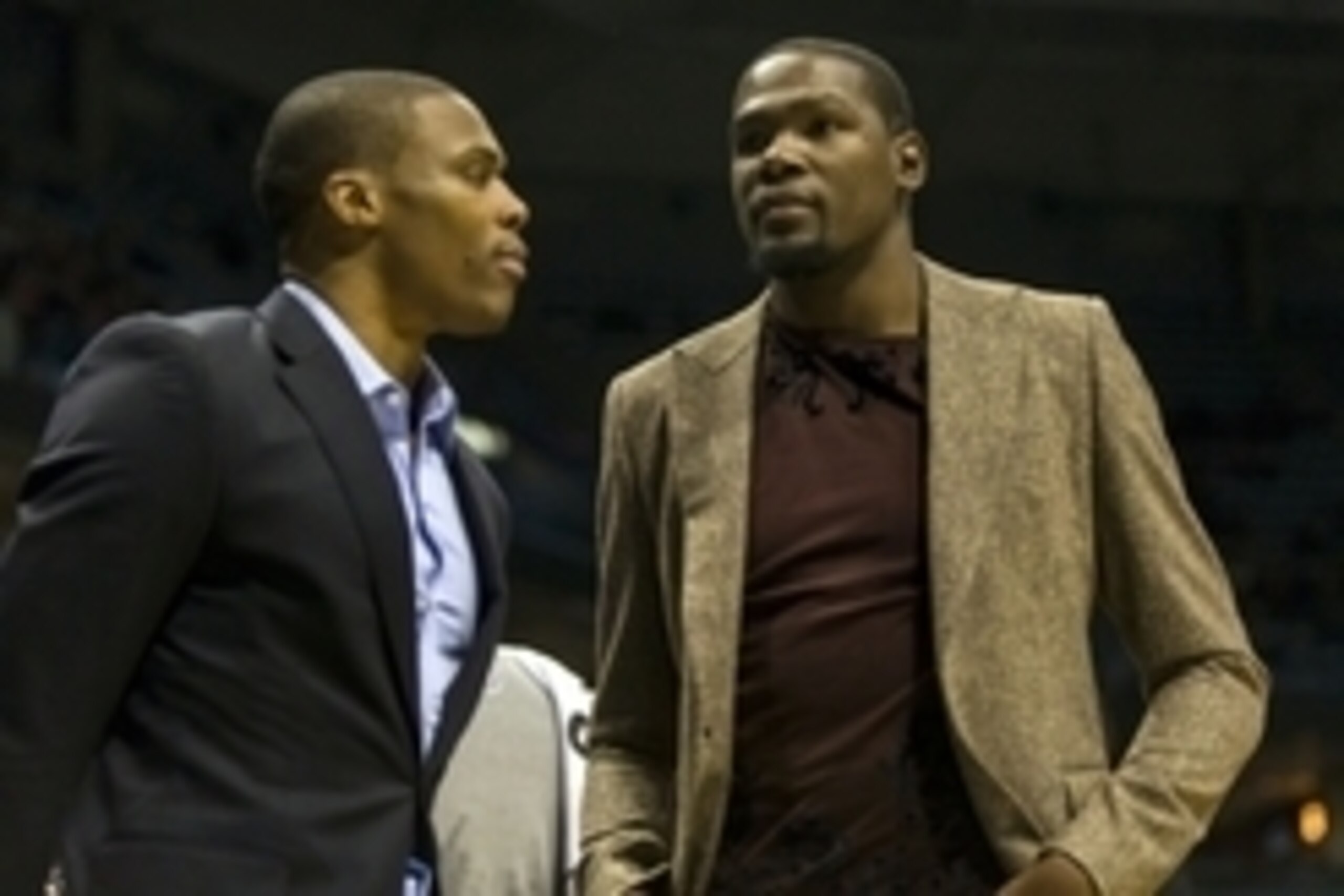 Nov 11, 2014; Milwaukee, WI, USA; Oklahoma City Thunder forward Kevin Durant and guard Russell Westbrook (0) talk during a timeout during the fourth quarter against the Milwaukee Bucks at BMO Harris Bradley Center. Milwaukee won 85-78. Mandatory Credit: Nov 11, 2014; Milwaukee, WI, USA; Oklahoma City Thunder forward Kevin Durant and guard Russell Westbrook (0) talk during a timeout during the fourth quarter against the Milwaukee Bucks at BMO Harris Bradley Center. Milwaukee won 85-78. Mandatory Credit: