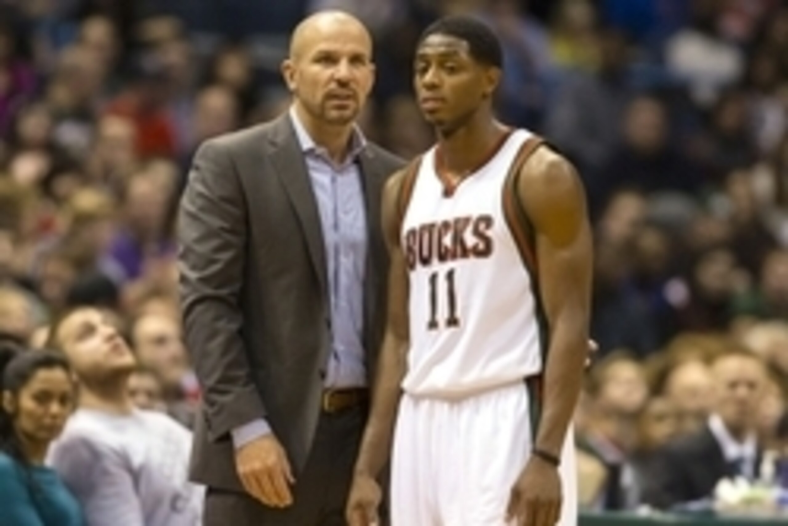 Nov 22, 2014; Milwaukee, WI, USA; Milwaukee Bucks head coach Jason Kidd talks with guard Brandon Knight (11) during the fourth quarter against the Washington Wizards at BMO Harris Bradley Center. Washington won 111-100. Mandatory Credit: Jeff Hanisch-US Nov 22, 2014; Milwaukee, WI, USA; Milwaukee Bucks head coach Jason Kidd talks with guard Brandon Knight (11) during the fourth quarter against the Washington Wizards at BMO Harris Bradley Center. Washington won 111-100. Mandatory Credit: Jeff Hanisch-US