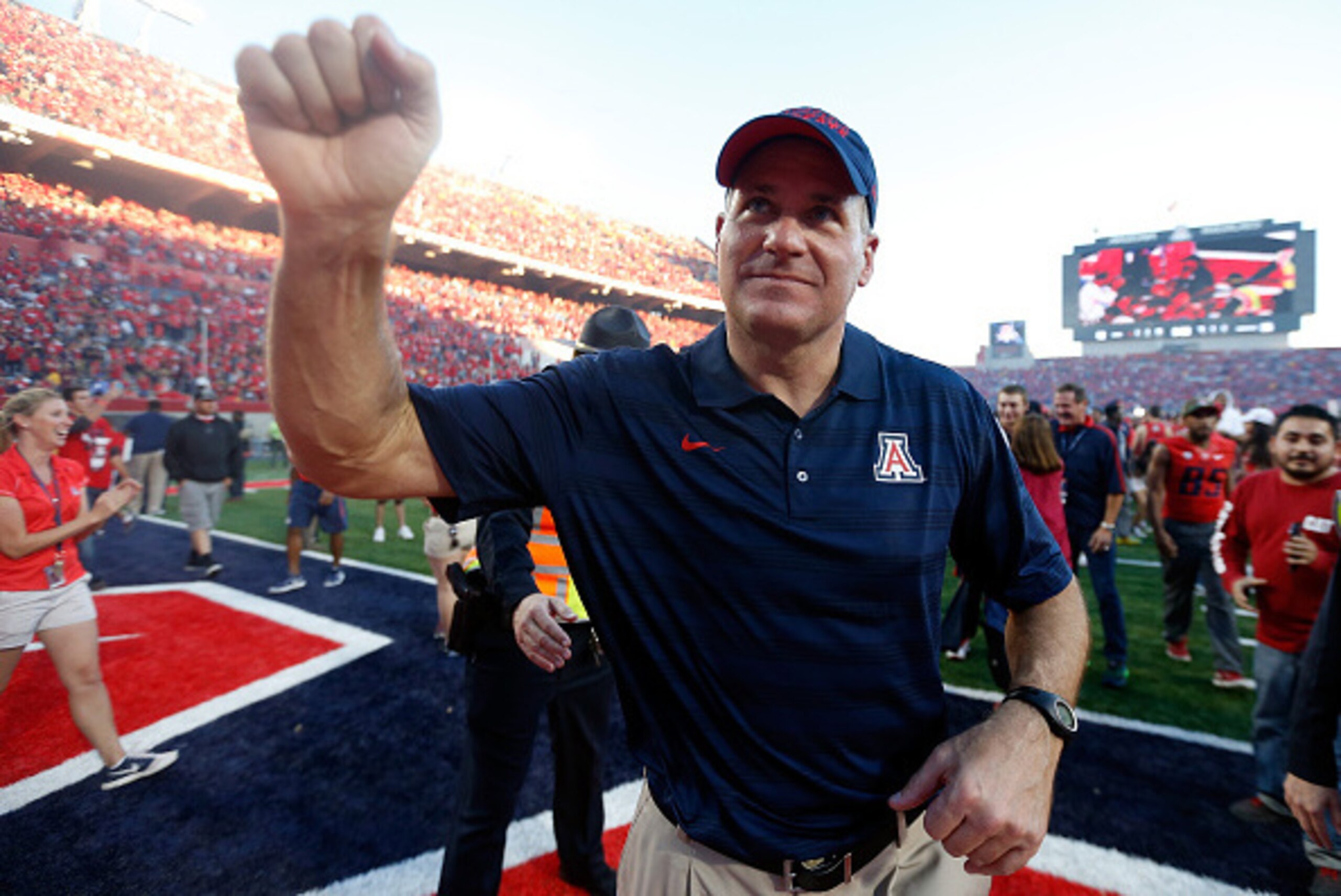 TUCSON, AZ - NOVEMBER 28:  Head coach Rich Rodriguez of the Arizona Wildcats celebrates after defeating the Arizona State Sun Devils 42-35 to win the PAC-12 south championship following the Territorial Cup college football game at Arizona Stadium on Novem
