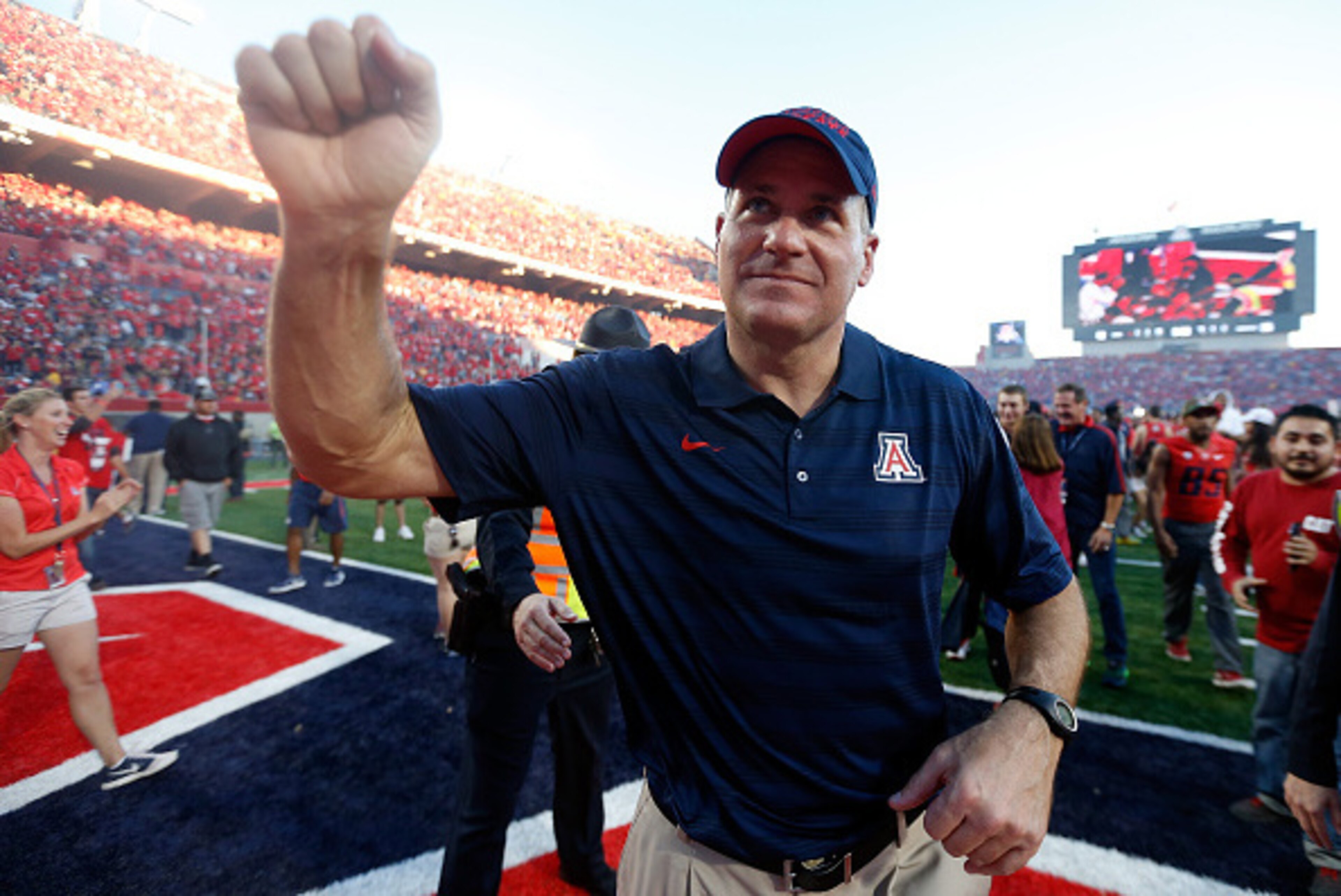 TUCSON, AZ - NOVEMBER 28:  Head coach Rich Rodriguez of the Arizona Wildcats celebrates after defeating the Arizona State Sun Devils 42-35 to win the PAC-12 south championship following the Territorial Cup college football game at Arizona Stadium on Novem