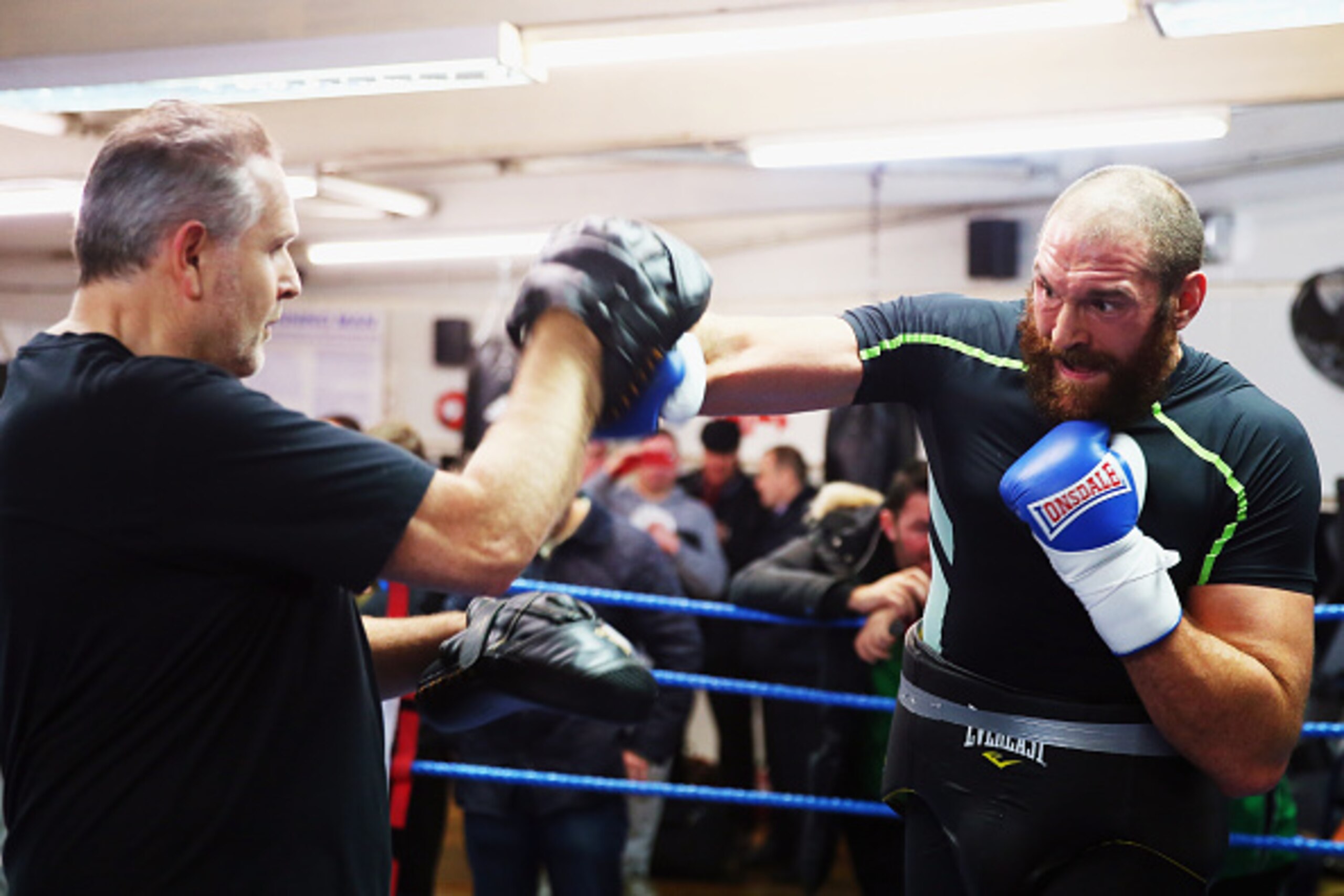 LONDON, ENGLAND - NOVEMBER 26:  Tyson Fury in action during a Media Work Out session at the Peacock Gym in Canning Town on November 26, 2014 in London, England. Tyson Fury will fight Dereck Chisora at ExCeL London on the 29th November.  (Photo by Bryn Len