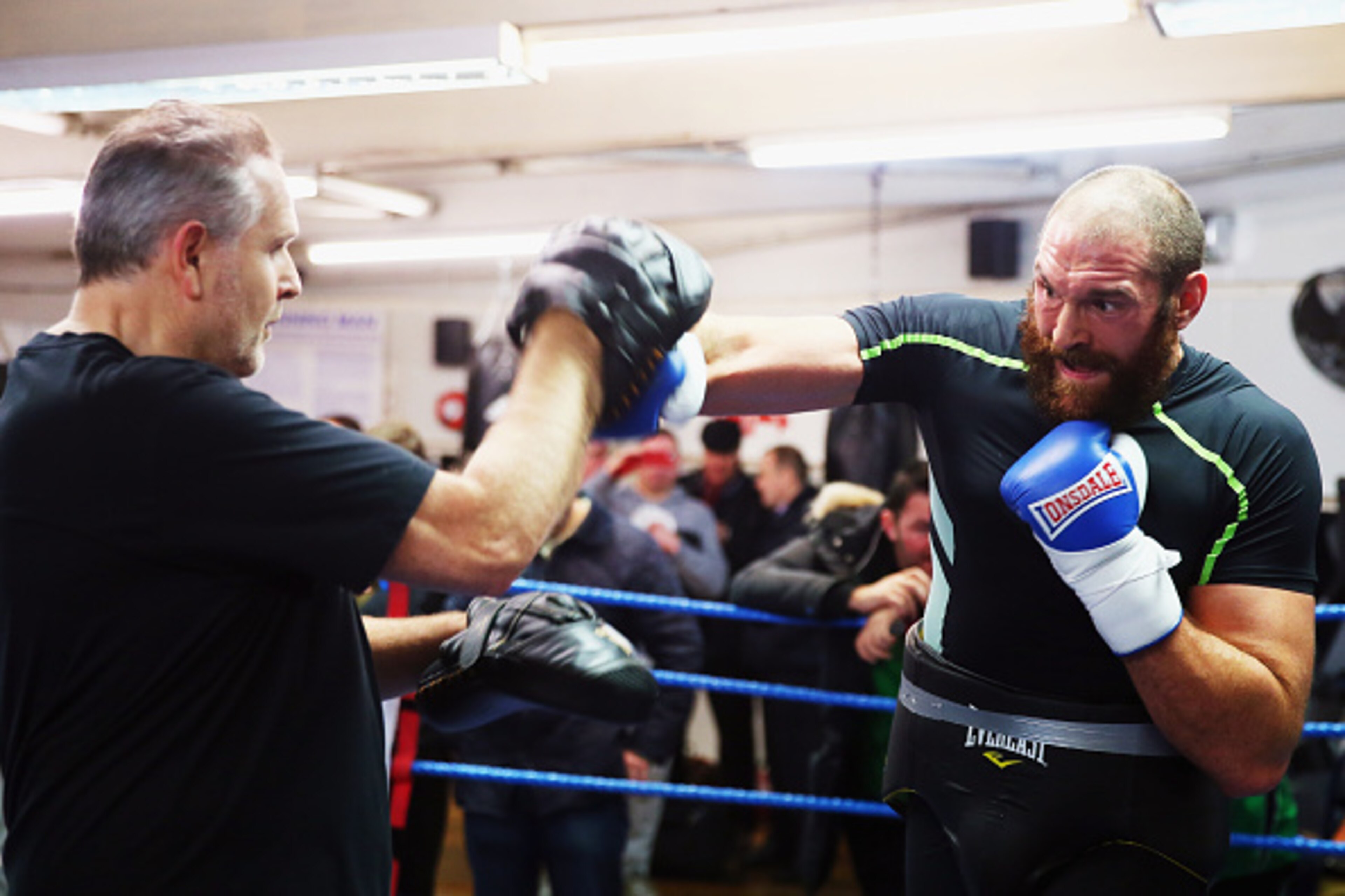 LONDON, ENGLAND - NOVEMBER 26:  Tyson Fury in action during a Media Work Out session at the Peacock Gym in Canning Town on November 26, 2014 in London, England. Tyson Fury will fight Dereck Chisora at ExCeL London on the 29th November.  (Photo by Bryn Len