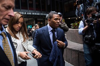 NEW YORK, NY - NOVEMBER 05: Suspended Baltimore Ravens football player Ray Rice (R) and his wife Janay Palmer arrive for a hearing on November 5, 2014 in New York City. Rice is fighting his suspension after being caught beating his wife in an Atlantic Cit