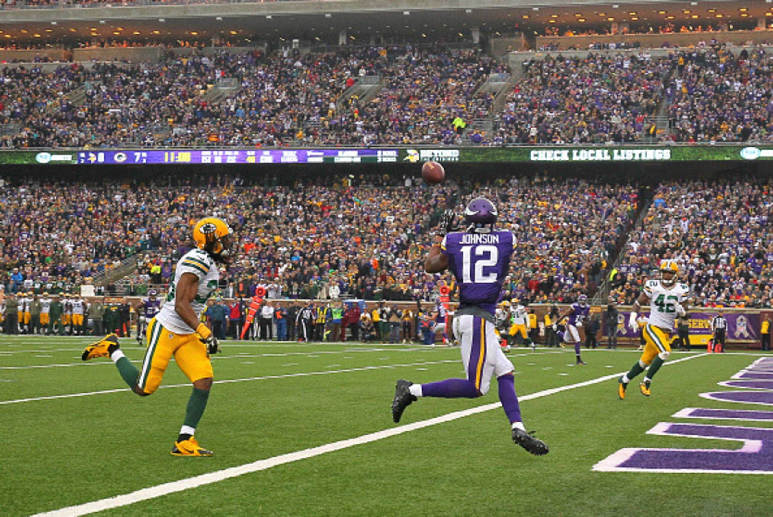 MINNEAPOLIS, MN - NOVEMBER 23: Charles Johnson #12 of the Minnesota Vikings pulls in a touchdown while Tramon Williams #38 of the Green Bay Packers watches in the second quarter on November 23, 2014 at TCF Bank Stadium in Minneapolis, Minnesota. (Photo by MINNEAPOLIS, MN - NOVEMBER 23: Charles Johnson #12 of the Minnesota Vikings pulls in a touchdown while Tramon Williams #38 of the Green Bay Packers watches in the second quarter on November 23, 2014 at TCF Bank Stadium in Minneapolis, Minnesota. (Photo by