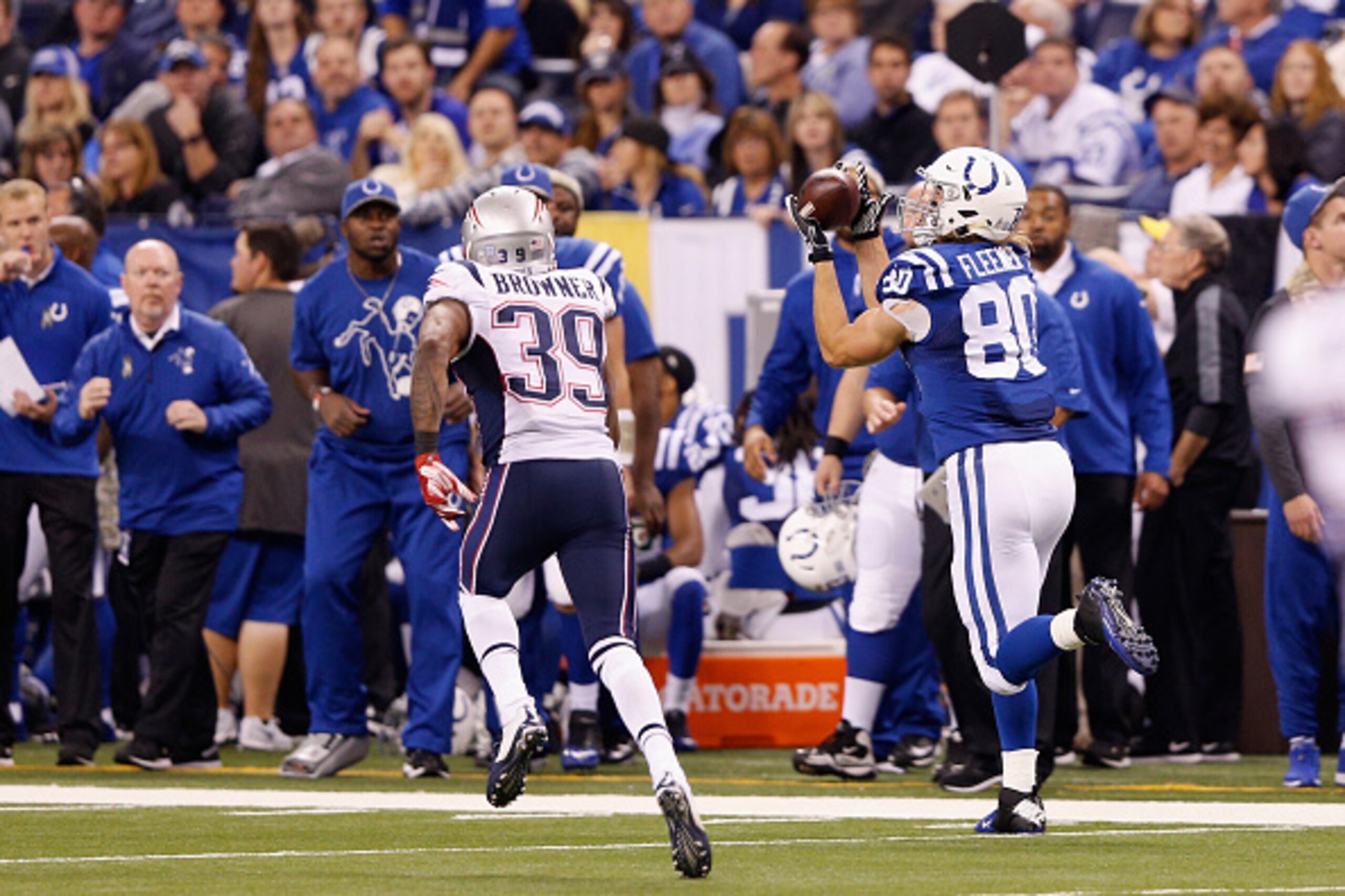 INDIANAPOLIS, IN - NOVEMBER 16: Coby Fleener #80 of the Indianapolis Colts makes a 45-yard reception against Brandon Browner #39 of the New England Patriots during the third quarter of the game at Lucas Oil Stadium on November 16, 2014 in Indianapolis, INDIANAPOLIS, IN - NOVEMBER 16: Coby Fleener #80 of the Indianapolis Colts makes a 45-yard reception against Brandon Browner #39 of the New England Patriots during the third quarter of the game at Lucas Oil Stadium on November 16, 2014 in Indianapolis,