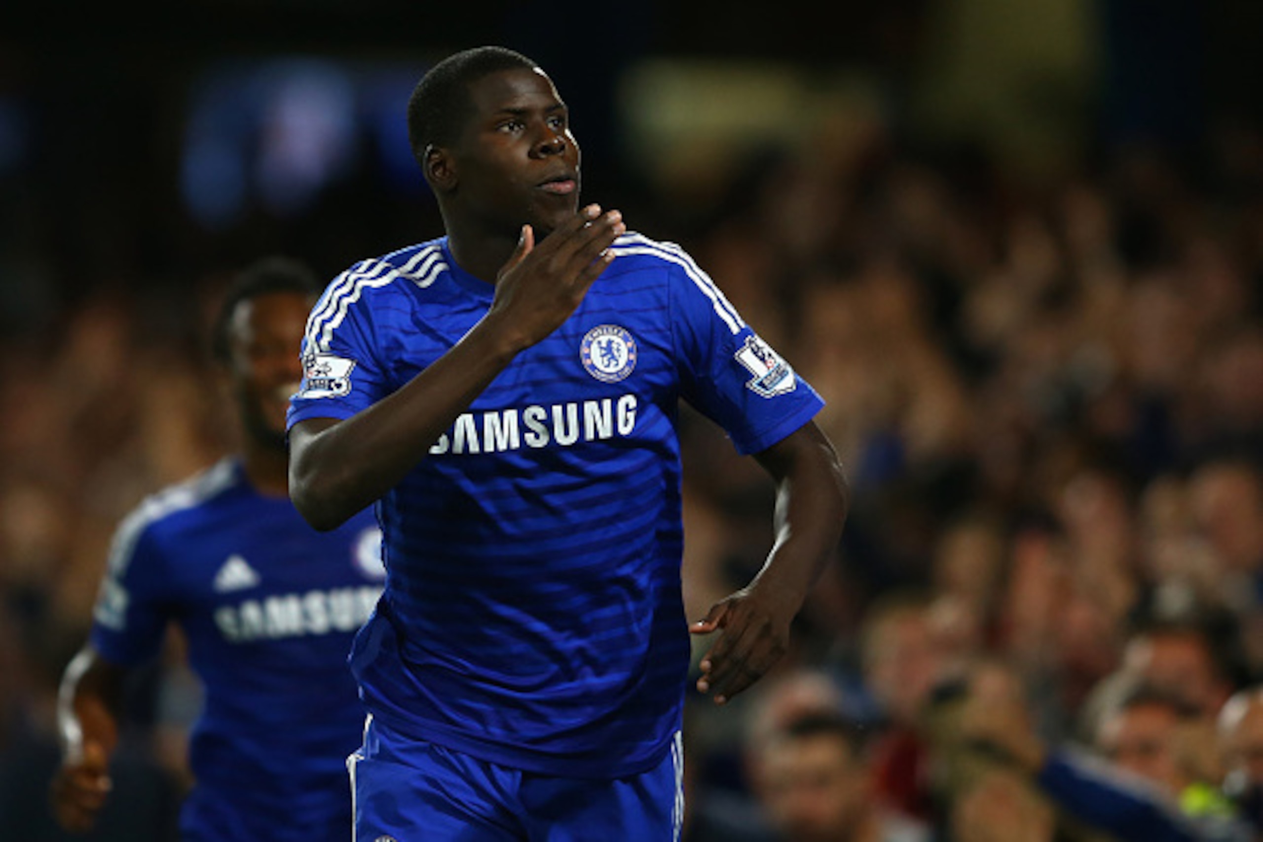 LONDON, ENGLAND - SEPTEMBER 24:  Kurt Zouma of Chelsea celebrates scoring the first goal during the Captial One Cup Third Round match between Chelsea and Bolton Wanderers at Stamford Bridge on September 24, 2014 in London, England.  (Photo by Richard Heat