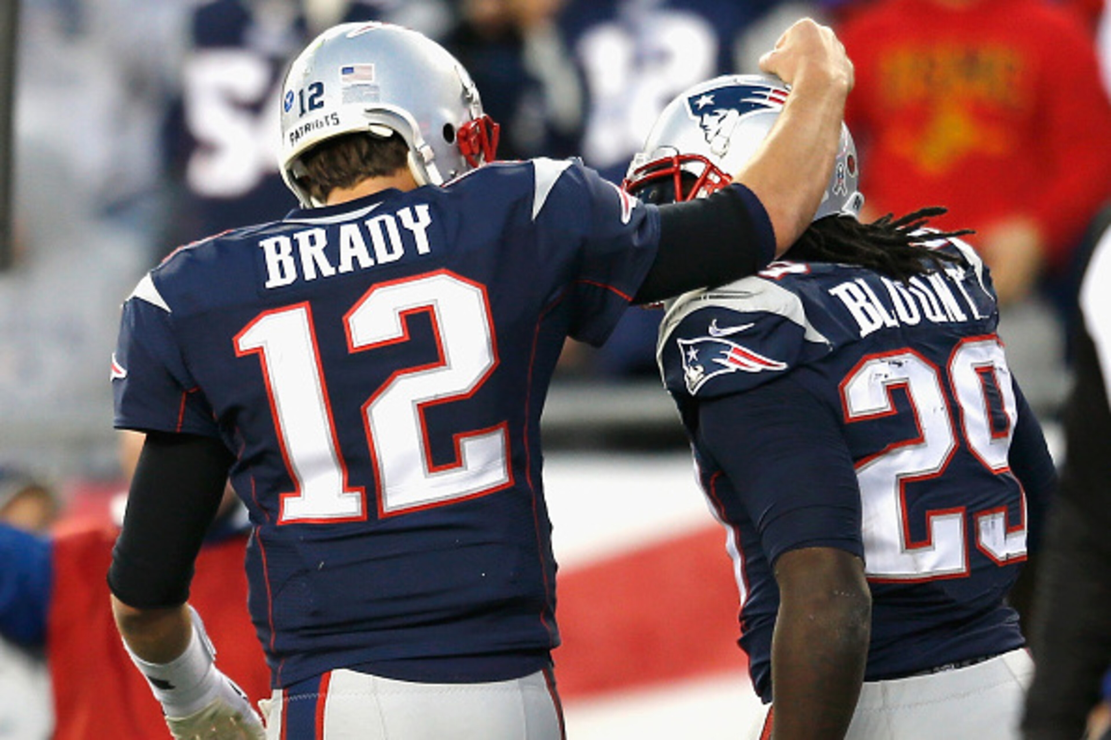 FOXBORO, MA - NOVEMBER 23: Tom Brady #12 and LeGarrette Blount #29 of the New England Patriots react after Blount scored a touchdown during the fourth quarter against the Detroit Lions at Gillette Stadium on November 23, 2014 in Foxboro, Massachusetts. FOXBORO, MA - NOVEMBER 23: Tom Brady #12 and LeGarrette Blount #29 of the New England Patriots react after Blount scored a touchdown during the fourth quarter against the Detroit Lions at Gillette Stadium on November 23, 2014 in Foxboro, Massachusetts.