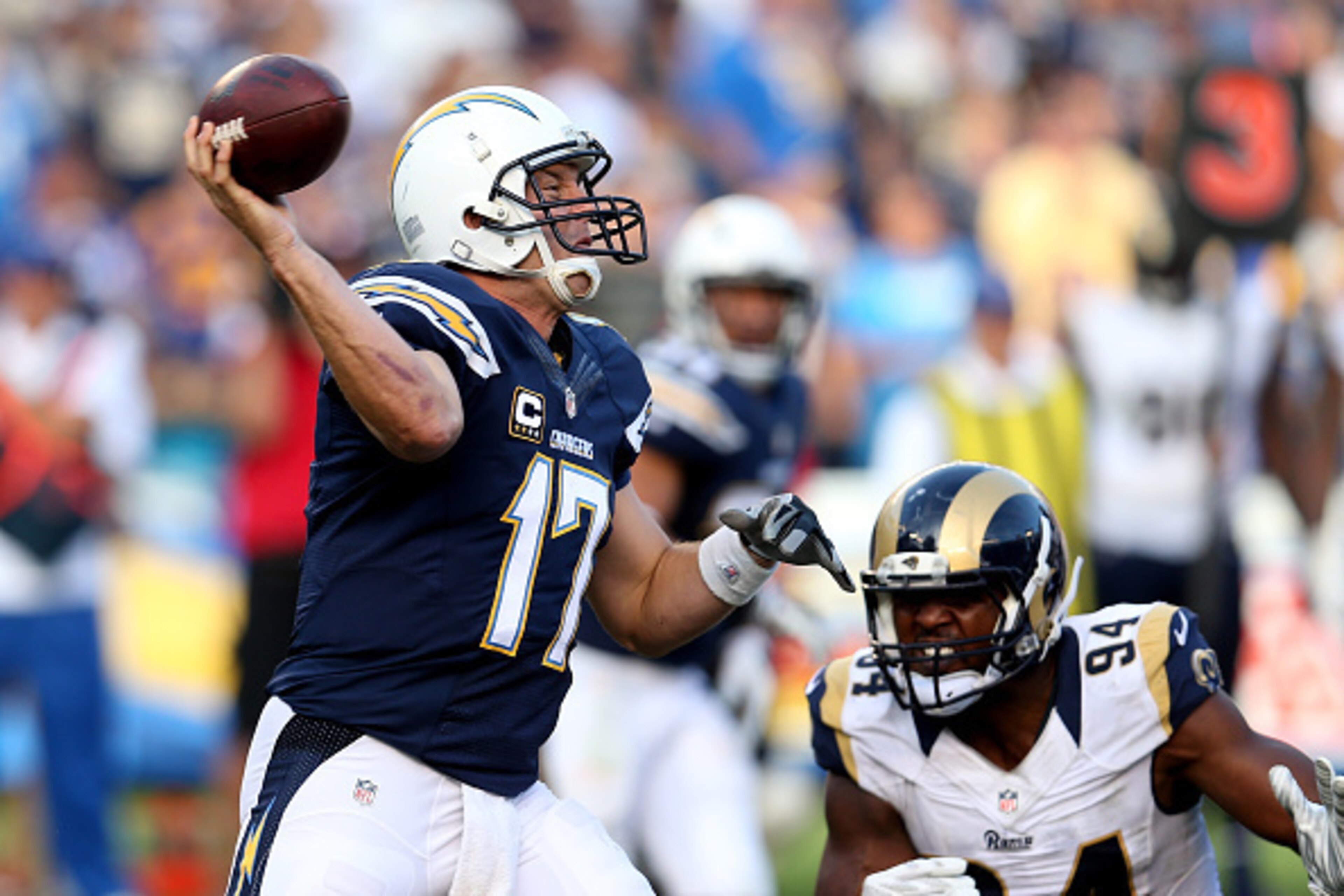 SAN DIEGO, CA - NOVEMBER 23: Quarterback Philip Rivers #17 of the San Diego Chargers throws a pass against the St. Louis Rams at Qualcomm Stadium on November 23, 2014 in San Diego, California. (Photo by Stephen Dunn/Getty Images) SAN DIEGO, CA - NOVEMBER 23: Quarterback Philip Rivers #17 of the San Diego Chargers throws a pass against the St. Louis Rams at Qualcomm Stadium on November 23, 2014 in San Diego, California. (Photo by Stephen Dunn/Getty Images)