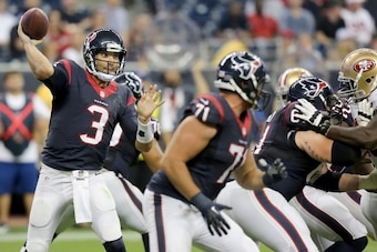 HOUSTON, TX- AUGUST 28: Tom Savage #3 of the Houston Texans passes against the San Francisco 49ers in the second half in a pre-season NFL game on August 28, 2014 at NRG Stadium in Houston, Texas. The 49ers won 40 to 13. (Photo by Thomas B. Shea/Getty Imag