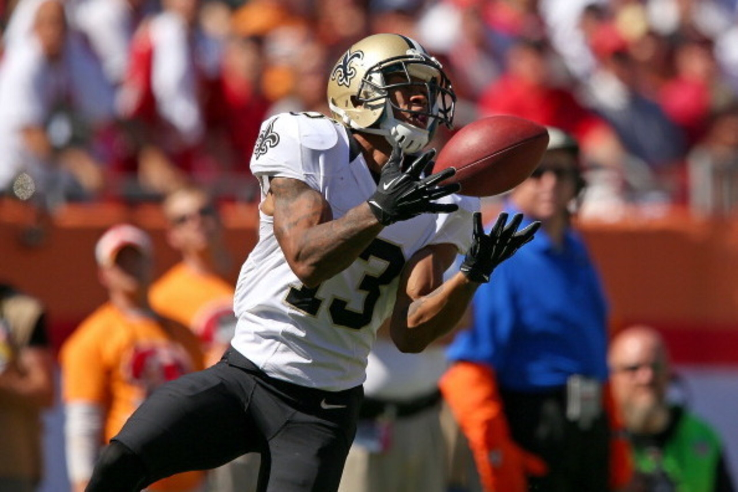 TAMPA, FL - OCTOBER 21: Joe Morgan #13 of the New Orleans Saints makes a catch during a game against the Tampa Bay Buccaneers at Raymond James Stadium on October 21, 2012 in Tampa, Florida.  (Photo by Mike Ehrmann/Getty Images)