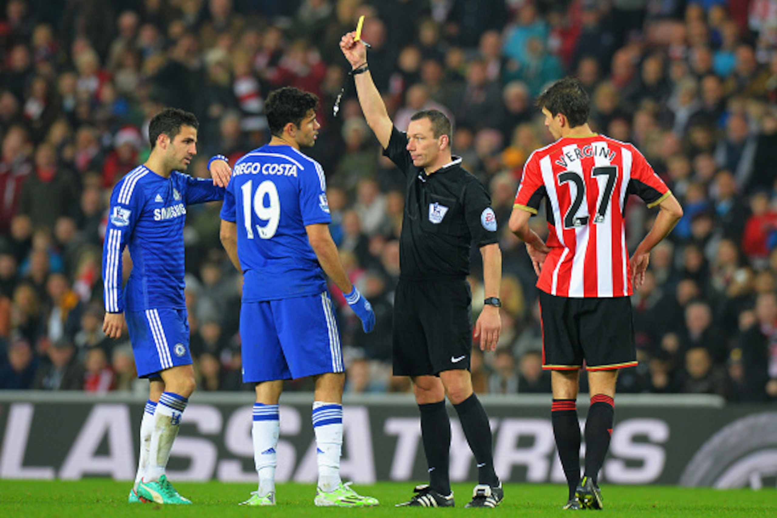 SUNDERLAND, ENGLAND - NOVEMBER 29: Referee kevin Friedn shows a yellow card to Diego Costa of Chelsea after a clash with Wes Brown of Sunderland (not pictured) during the Barclays Premier League match between Sunderland and Chelsea at Stadium of Light on SUNDERLAND, ENGLAND - NOVEMBER 29: Referee kevin Friedn shows a yellow card to Diego Costa of Chelsea after a clash with Wes Brown of Sunderland (not pictured) during the Barclays Premier League match between Sunderland and Chelsea at Stadium of Light on