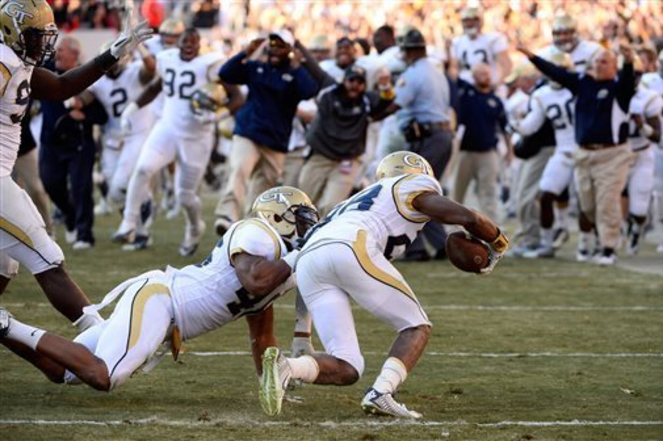 Georgia Tech celebrates a game-winning interception.