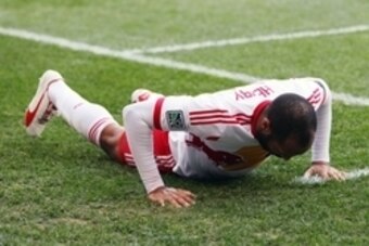 Nov 23, 2014; Harrison, NJ, USA; New York Red Bulls forward Thierry Henry (14) reacts after missing a first half shot against the New England Revolution during the Eastern Conference Championship at Red Bull Arena. Mandatory Credit: Andy Marlin-USA TODAY 