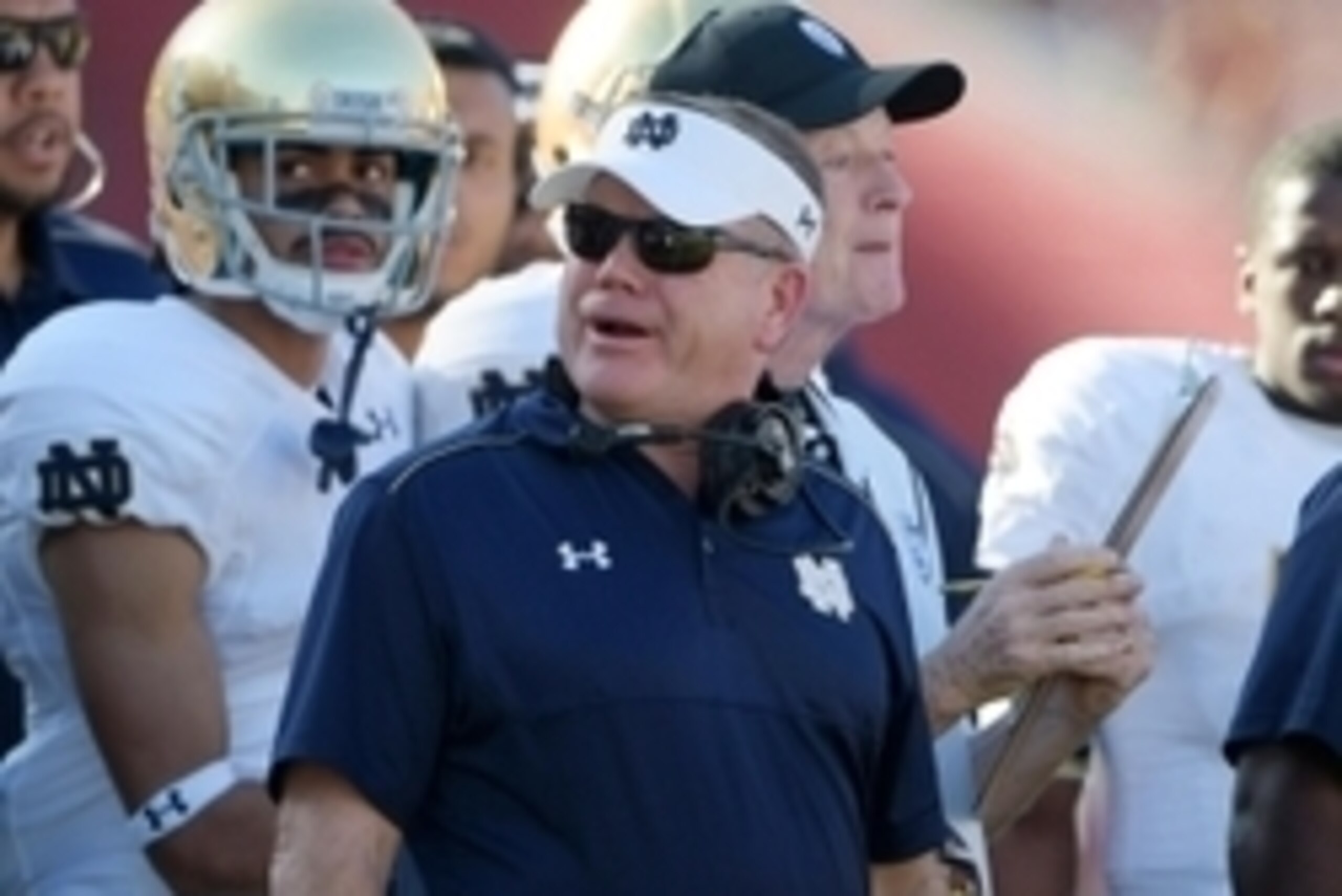 Nov 29, 2014; Los Angeles, CA, USA; Notre Dame Fighting Irish coach Brian Kelly reacts against the Southern California Trojans at Los Angeles Memorial Coliseum. Mandatory Credit: Kirby Lee-USA TODAY Sports