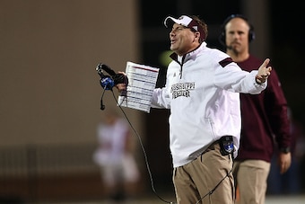 STARKVILLE, MS - NOVEMBER 22:  Head coach Dan Mullen of the Mississippi State Bulldogs reacts to a penalty during the fourth quarter of a game against the Vanderbilt Commodores at Davis Wade Stadium on November 22, 2014 in Starkville, Mississippi.  Missis
