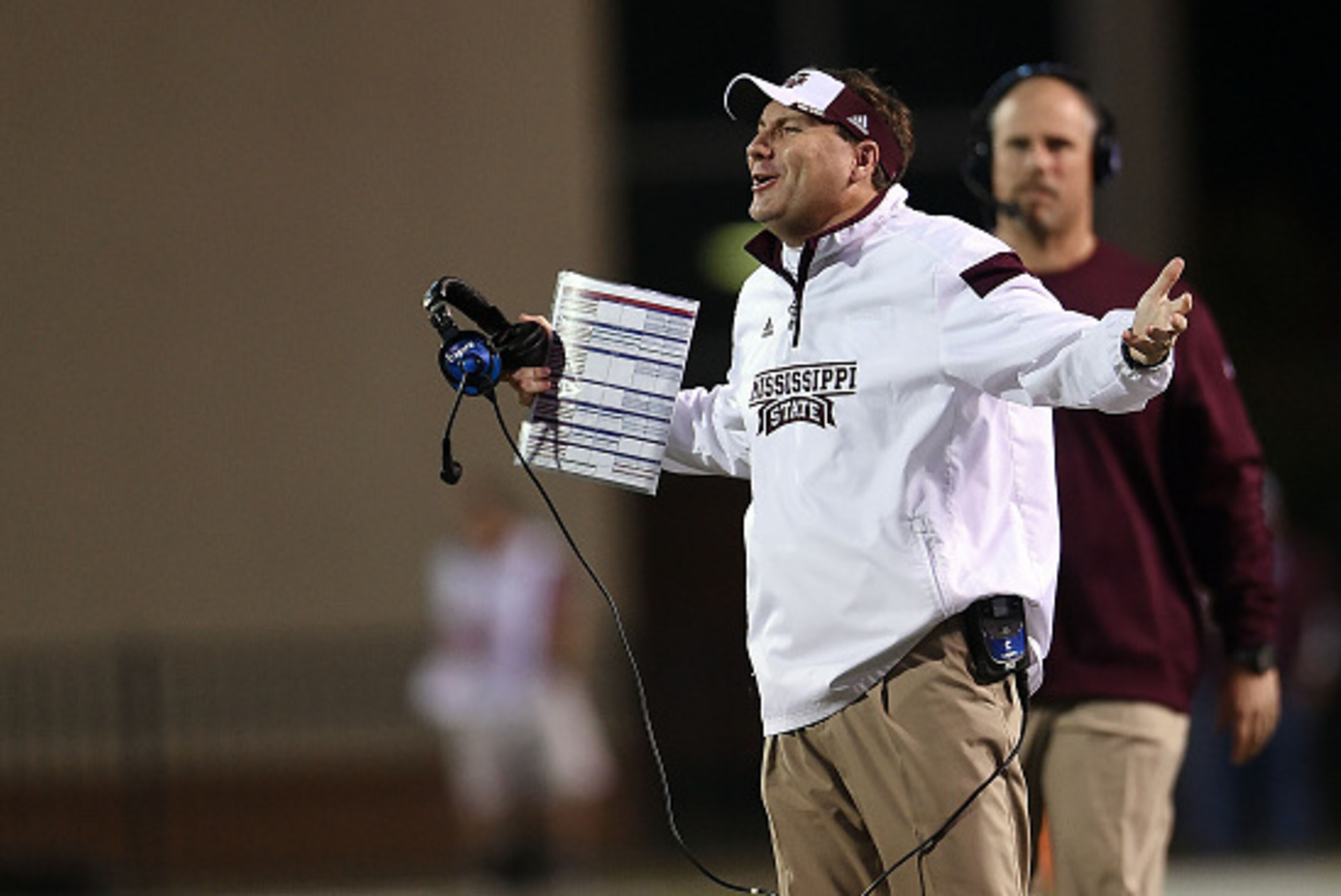 STARKVILLE, MS - NOVEMBER 22:  Head coach Dan Mullen of the Mississippi State Bulldogs reacts to a penalty during the fourth quarter of a game against the Vanderbilt Commodores at Davis Wade Stadium on November 22, 2014 in Starkville, Mississippi.  Missis