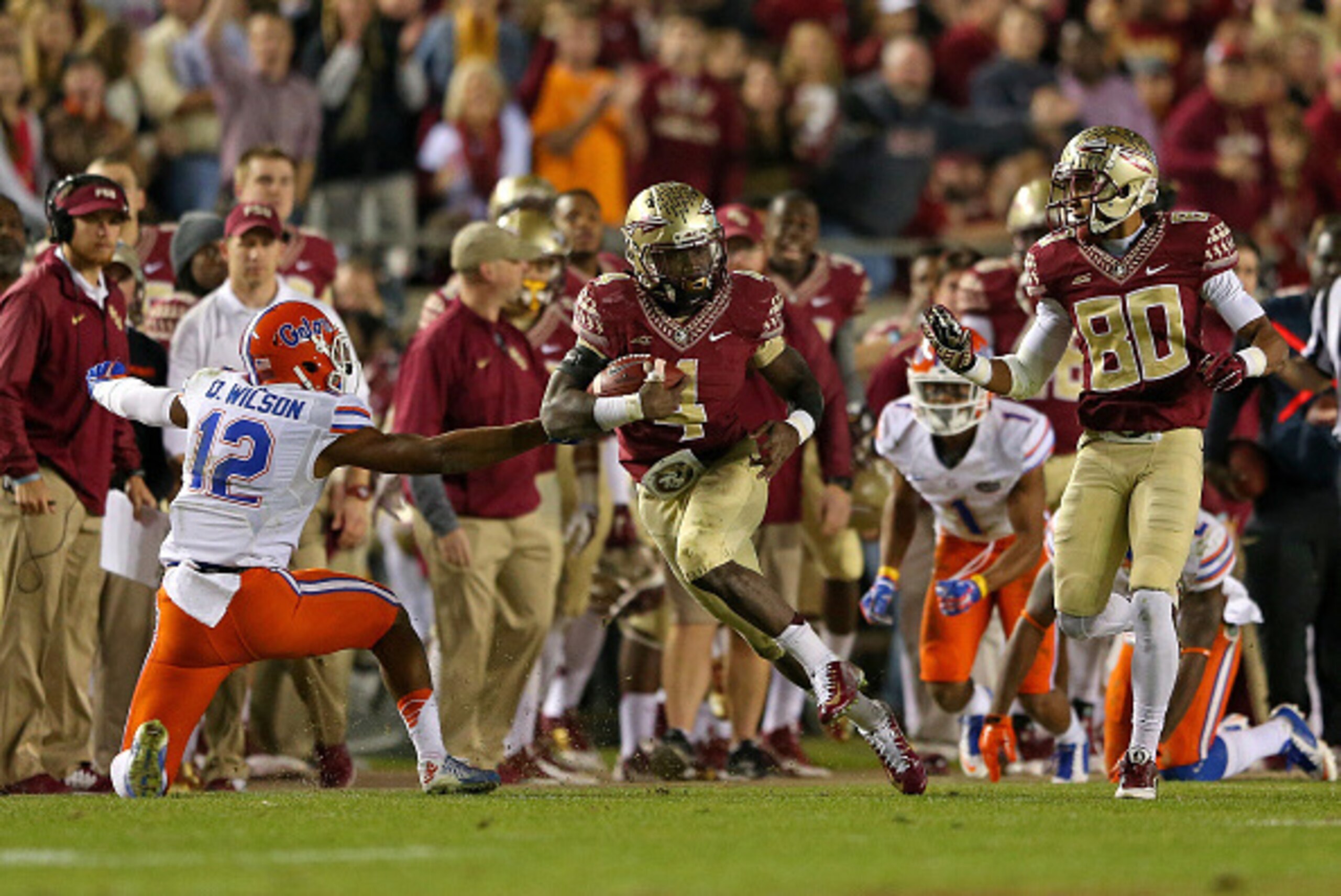 TALLAHASSEE, FL - NOVEMBER 29:  Dalvin Cook #4 of the Florida State Seminoles rushes during a game against the Florida Gators  at Doak Campbell Stadium on November 29, 2014 in Tallahassee, Florida.  (Photo by Mike Ehrmann/Getty Images)