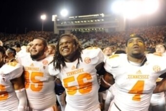 Nov 29, 2014; Nashville, TN, USA; Tennessee Volunteers players celebrate after a win against the Vanderbilt Commodores at Vanderbilt Stadium. The Volunteers won 24-17. Mandatory Credit: Christopher Hanewinckel-USA TODAY Sports