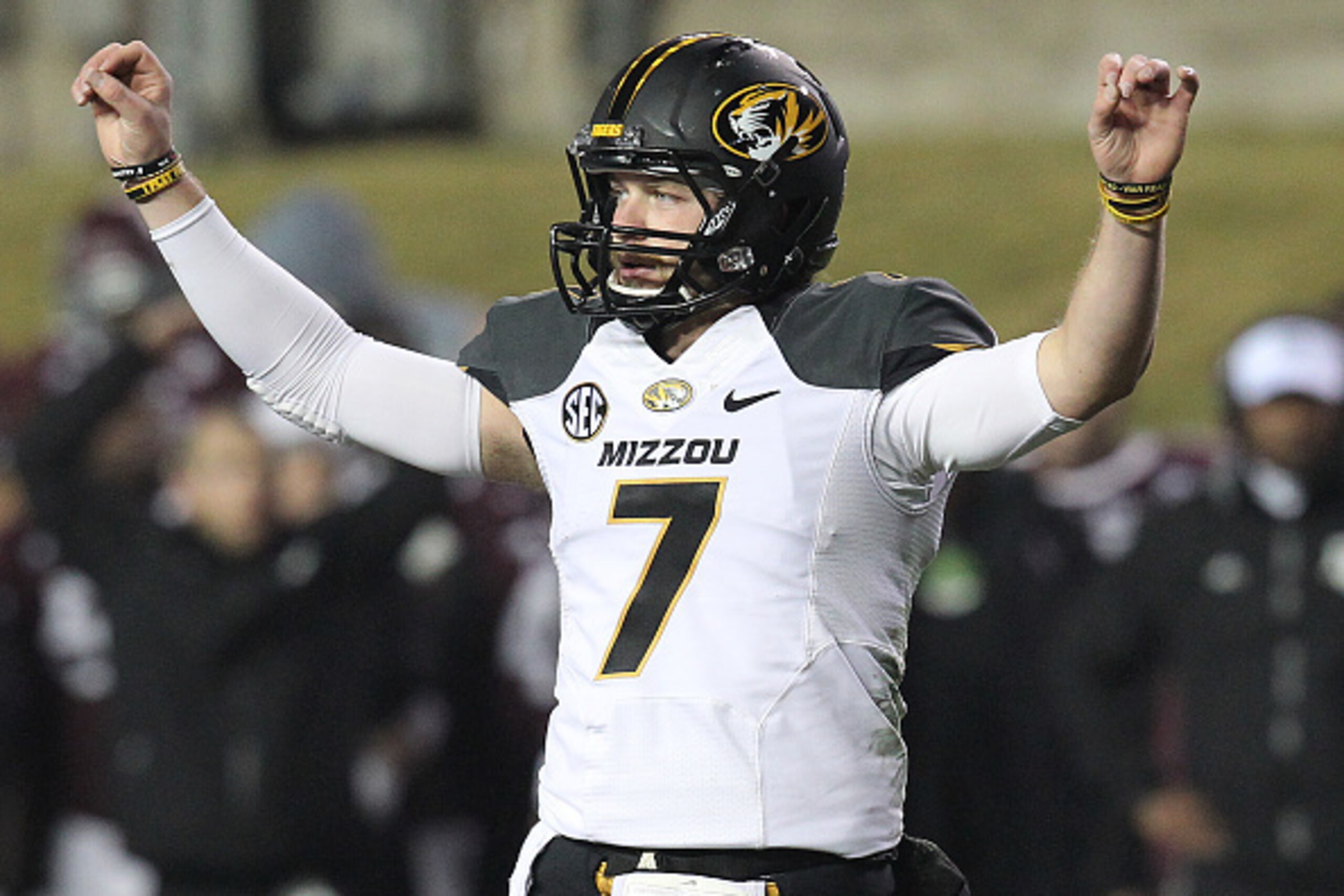HOUSTON, TX - NOVEMBER 15: Maty Mauk #7 of the Missouri Tigers calls an audible against the Texas A&M Aggies in the first half of an NCAA football game on November 15, 2014 at Kyle Field in College Station, Texas. (Photo by Thomas B. Shea/Getty Images)